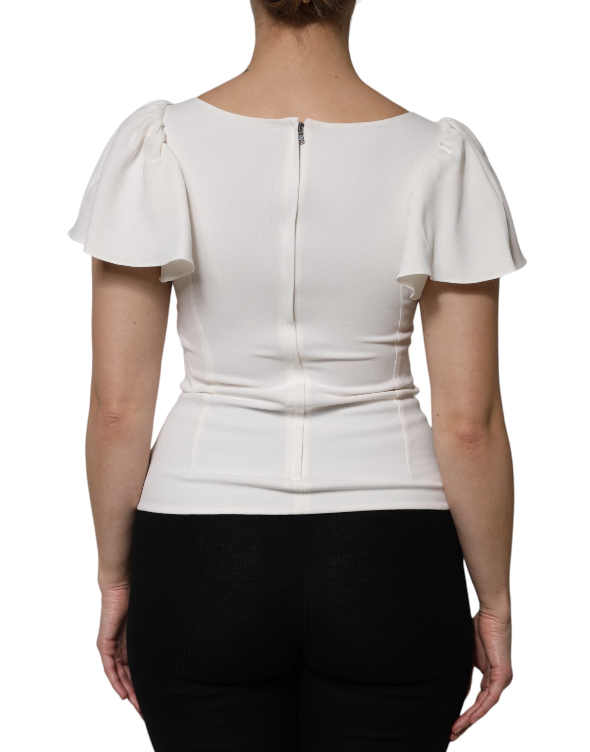 Haut Dolce & Gabbana en viscose blanc à col rond et manches courtes, vue de face.