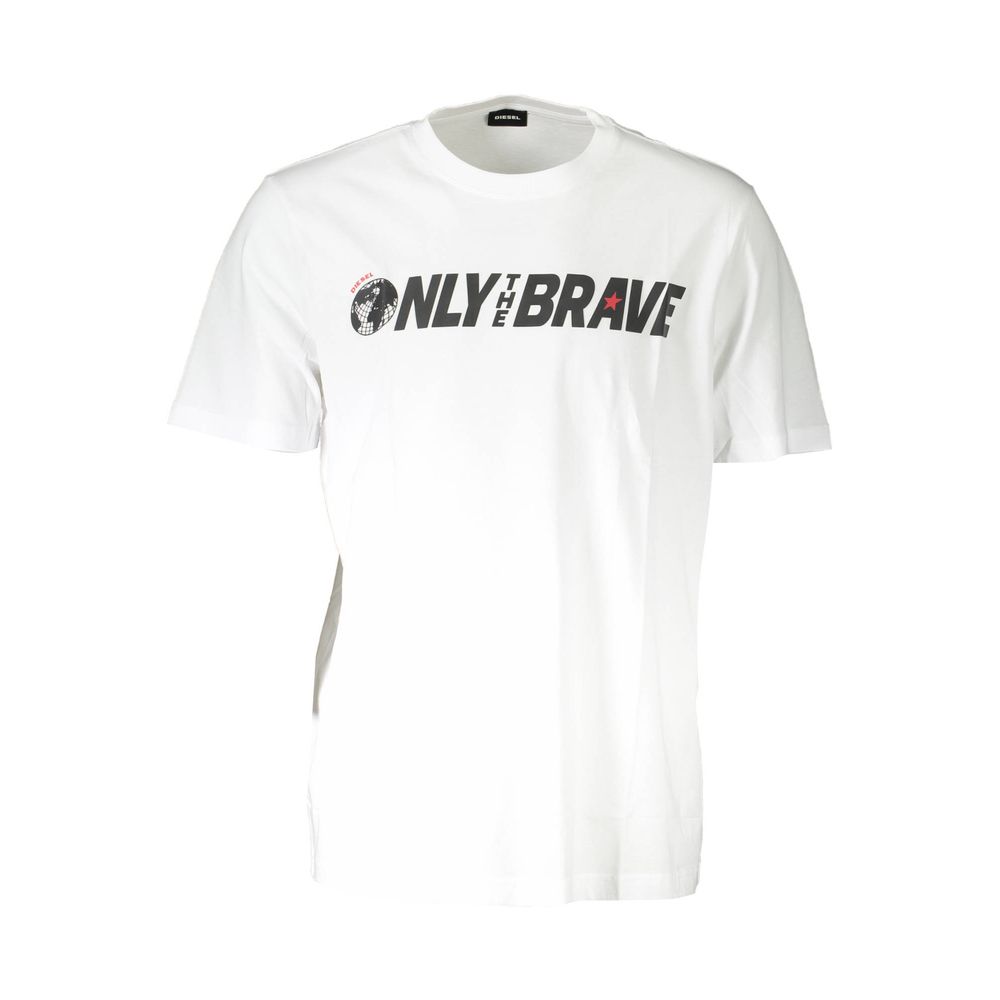 T-shirt blanc en coton pour homme de la marque Diesel, coupe classique, porté sur un mannequin.
