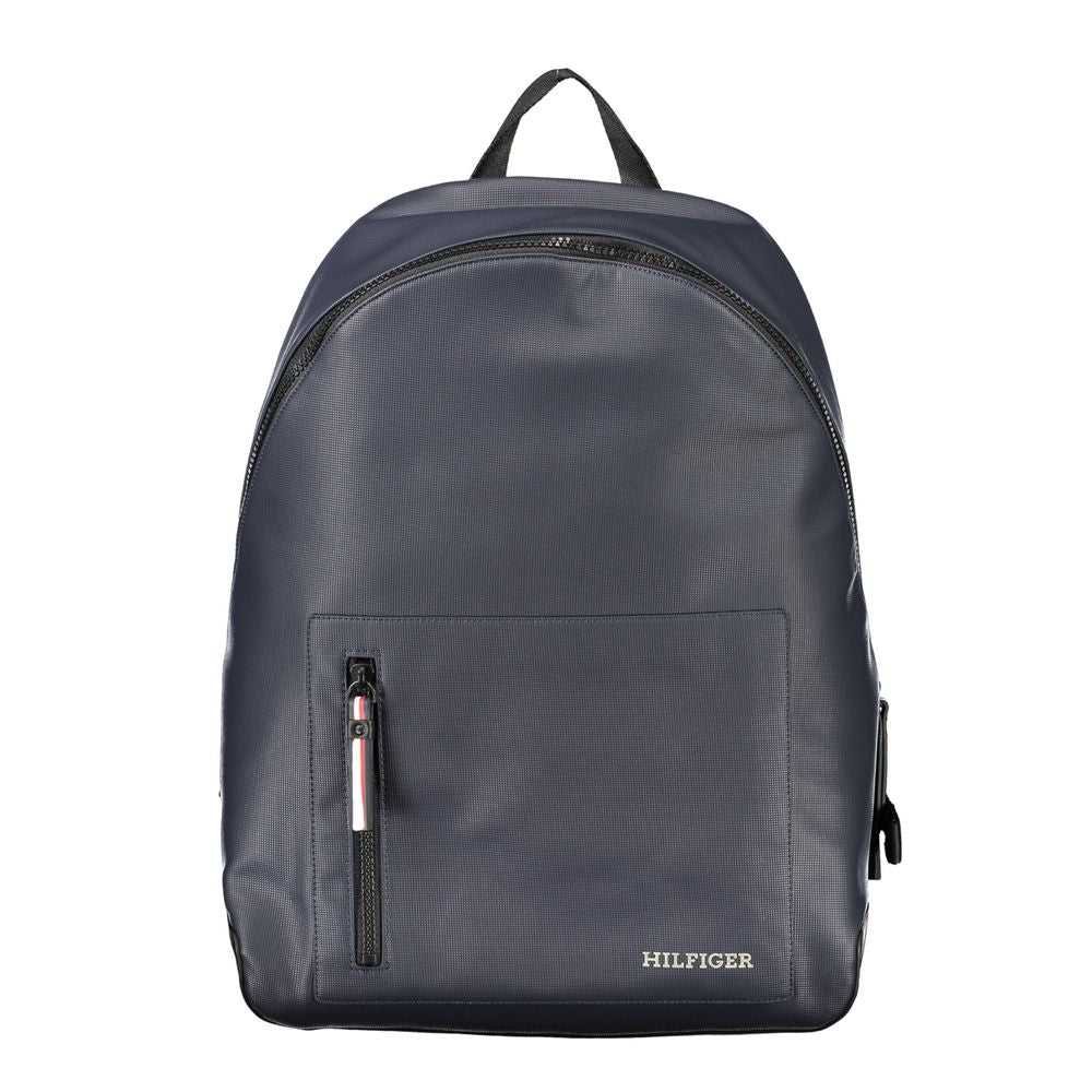 Sac à dos homme Tommy Hilfiger en polyuréthane bleu, avec poches zippées et logo sur le devant.