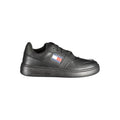 Sneakers en cuir noir pour femmes de Tommy Hilfiger, chaussures décontractées avec semelle blanche et design moderne.