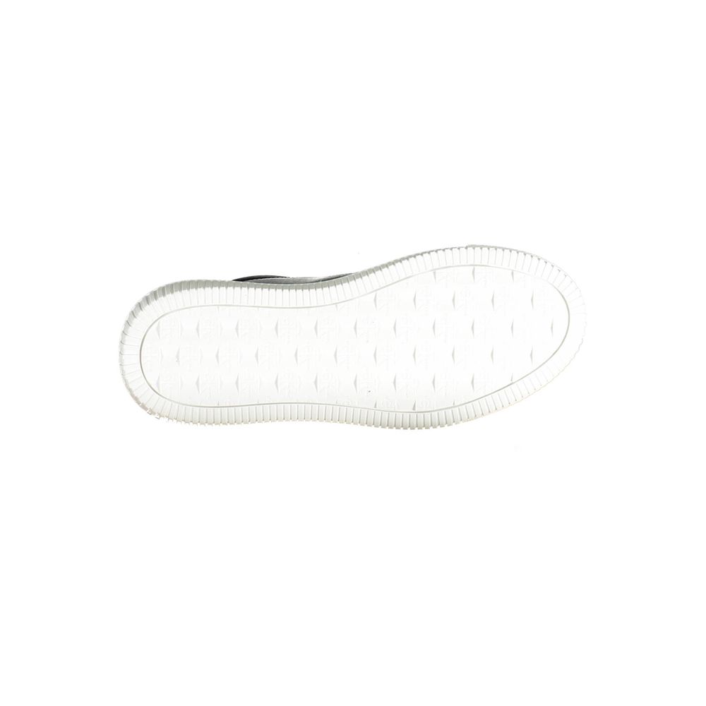 Sneakers pour femmes en cuir noir de Calvin Klein, chaussures décontractées avec semelle blanche, style moderne et élégant.
