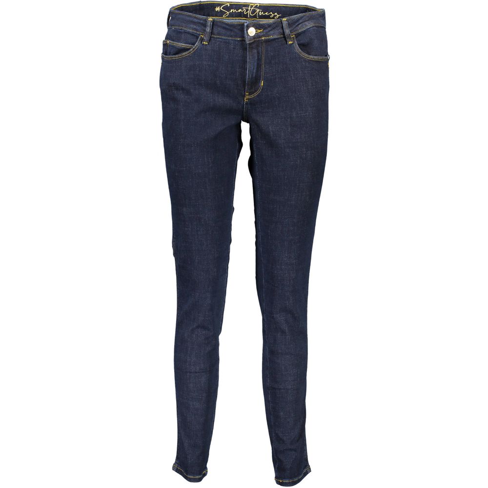 Jeans femme Guess en coton recyclé bleu, coupe classique, détails décontractés, mode durable et tendance.