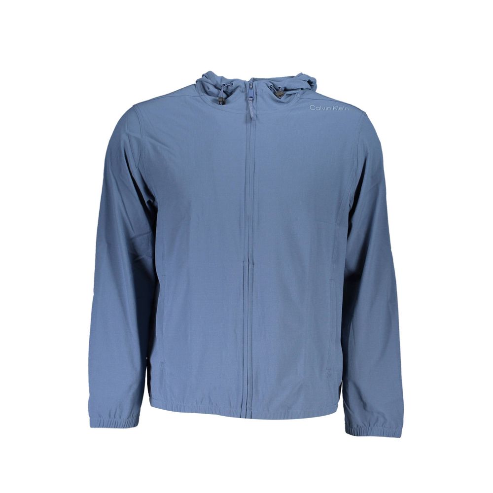 Sweatshirt homme en polyester bleu de Calvin Klein, col rond et logo discret à l'avant, tissu doux et confortable.