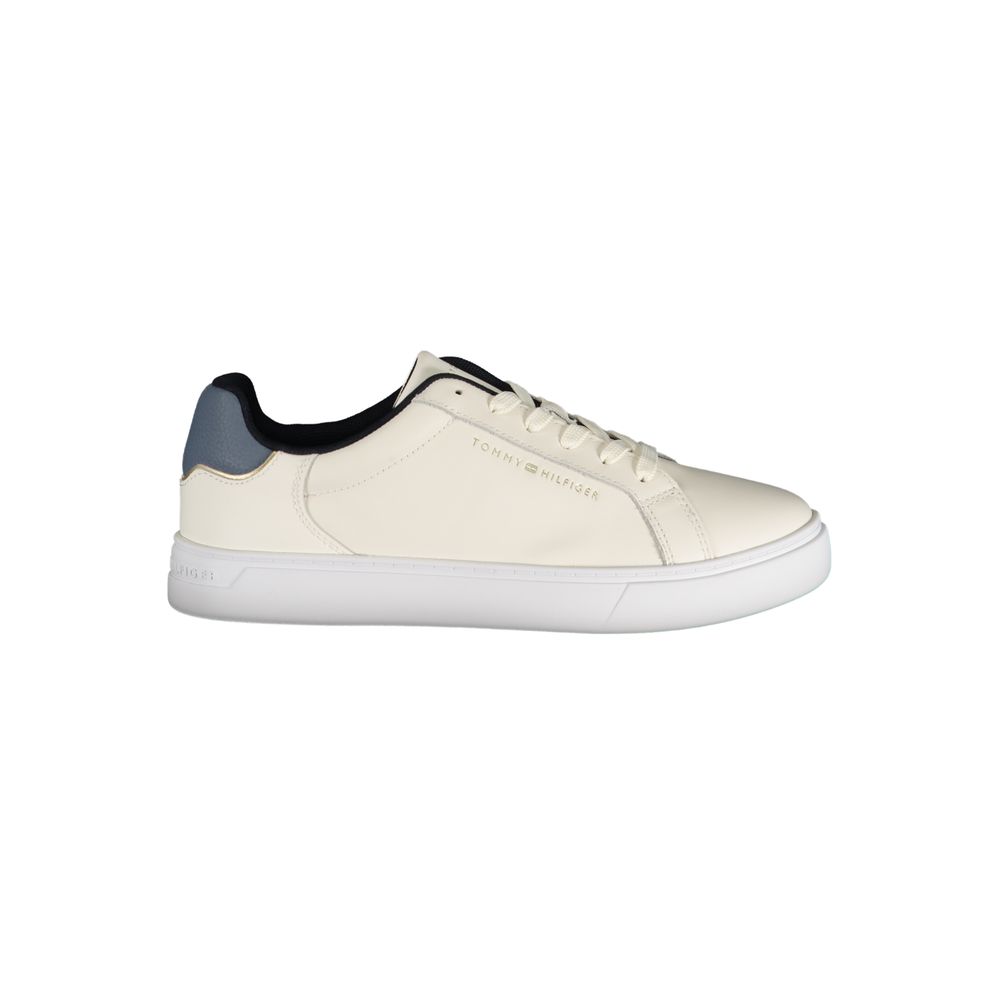 Chaussures femme Tommy Hilfiger en cuir beige, baskets élégantes et confortables pour un style décontracté.