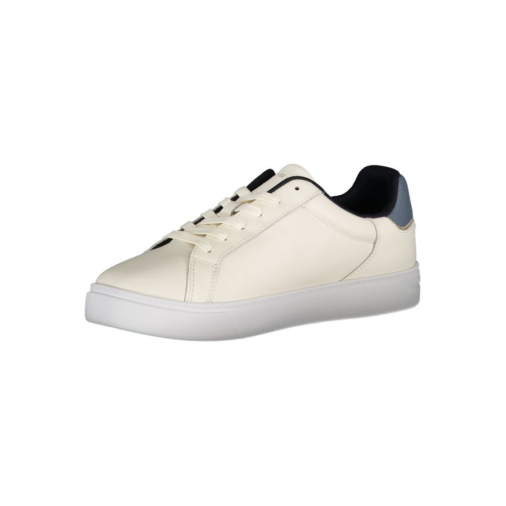 Sneaker beige en cuir pour femmes de la marque Tommy Hilfiger, vue de côté, avec semelle blanche et détails élégants.