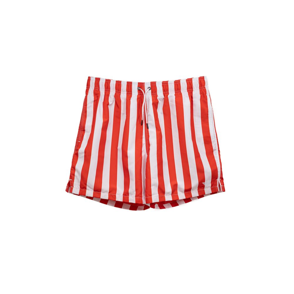 Shorts de bain en polyester rouge Emporio Armani, coupe décontractée et logo de la marque visible.