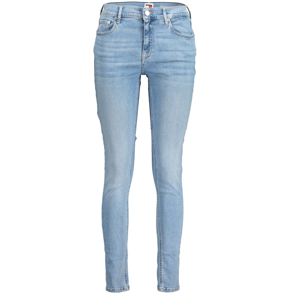 Jean skinny en coton pour femmes Tommy Hilfiger de couleur azur, détails visibles sur le tissu et la coupe ajustée.
