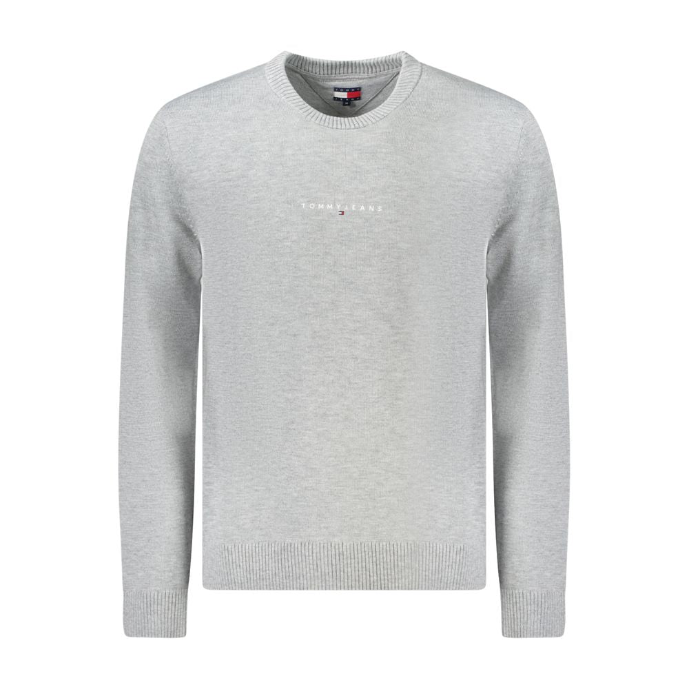 Pull en polyester gris pour homme de la marque Tommy Hilfiger, avec col rond et logo discret sur la poitrine.