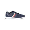 Sneakers pour hommes Tommy Hilfiger en polyester bleu, vue de côté avec semelle blanche et design sportif.
