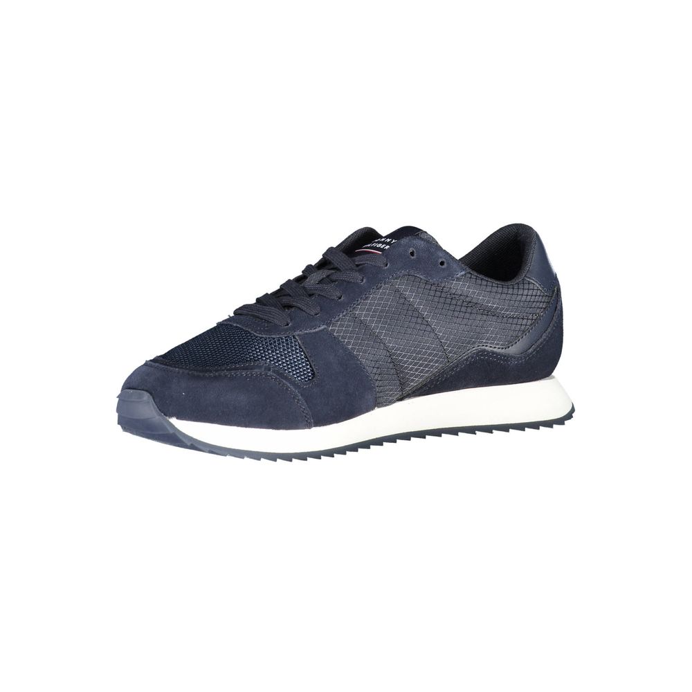 Sneakers pour hommes Tommy Hilfiger en polyester bleu, vue de face avec détails de la chaussure.