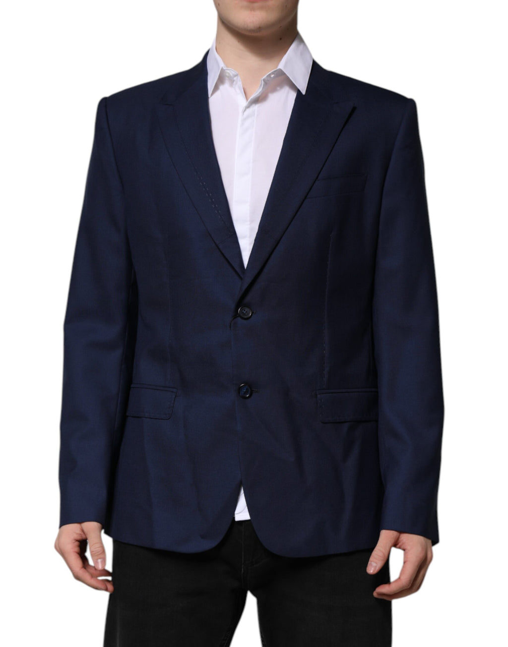 Blazer homme Dolce & Gabbana en laine bleue, costume à un bouton, veste à double boutonnage élégant et classique.