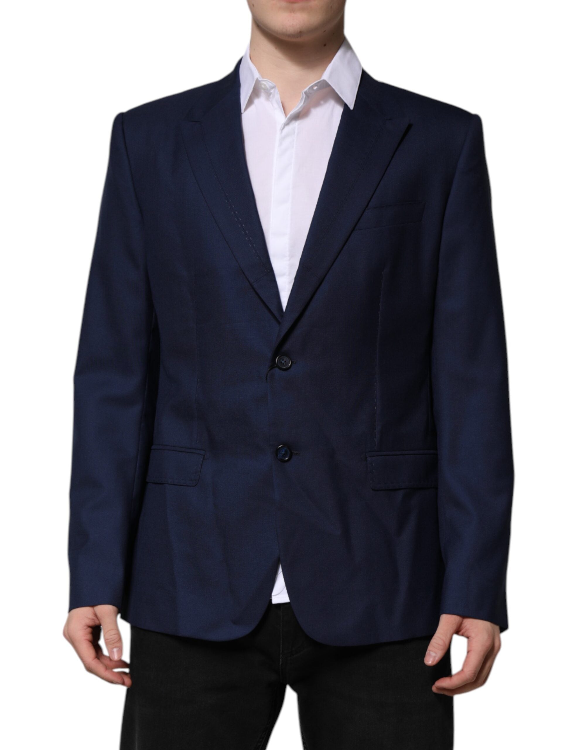 Costume bleu en laine Dolce & Gabbana, veste blazer simple à boutons, coupe élégante et classique.