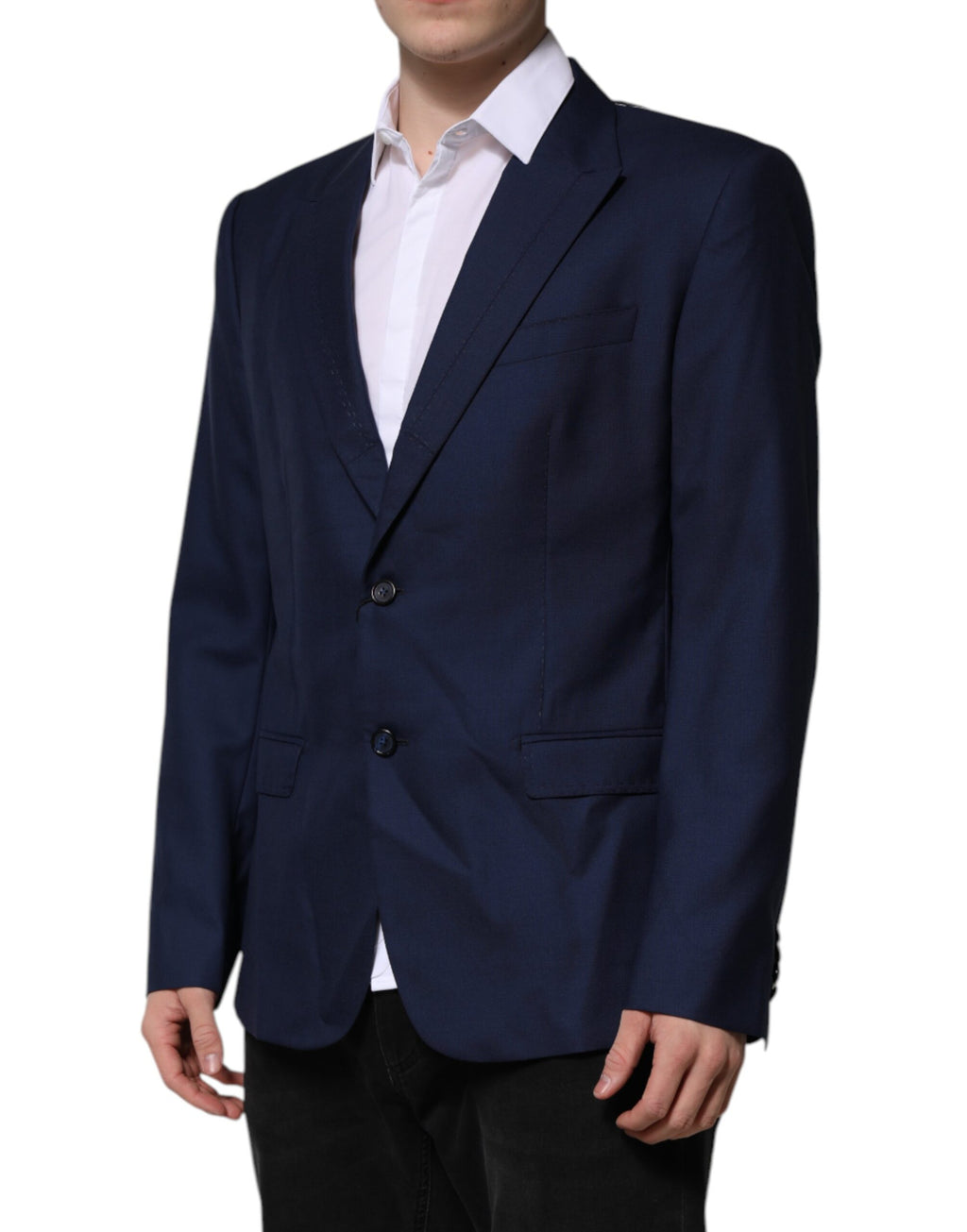 Costume blazer bleu en laine Dolce & Gabbana à double boutonnage, élégant et classique, détail de la veste pour homme.