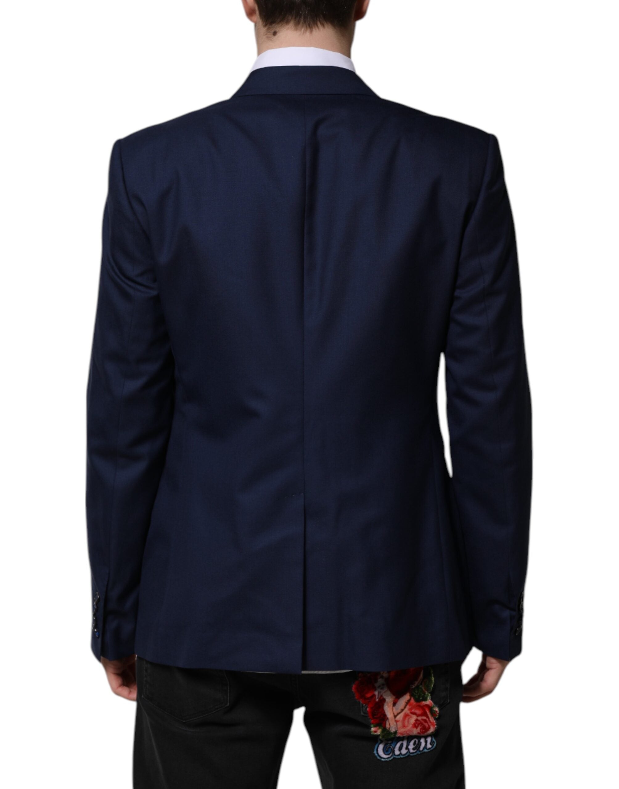 Costume homme Dolce & Gabbana en laine bleue, blazer simple à double boutonnage, style élégant et classique.