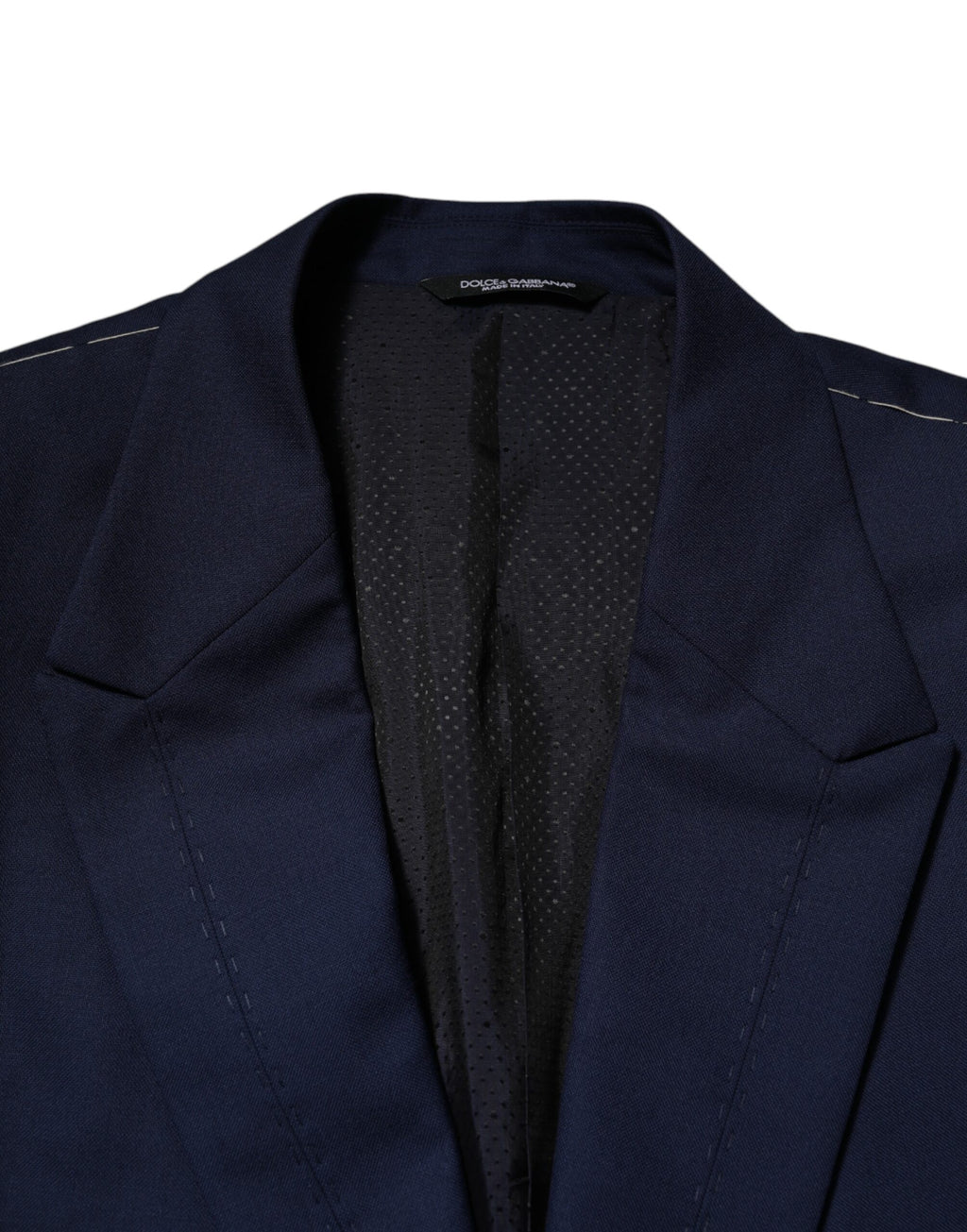 Costume blazer en laine bleue Dolce & Gabbana à un bouton, coupe classique, porté sur un mannequin.