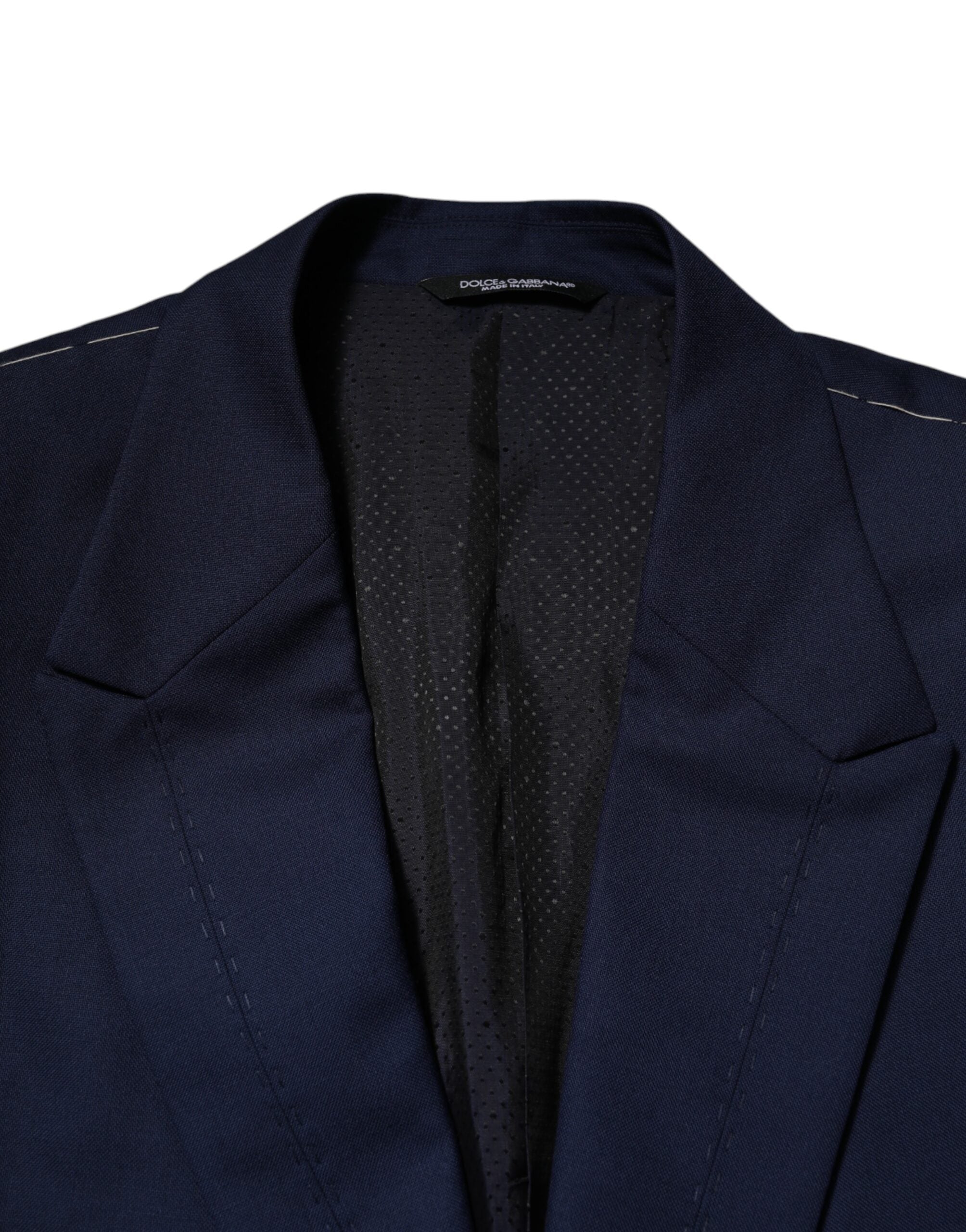 Costume blazer en laine bleue Dolce & Gabbana à un bouton, coupe classique, porté sur un mannequin.