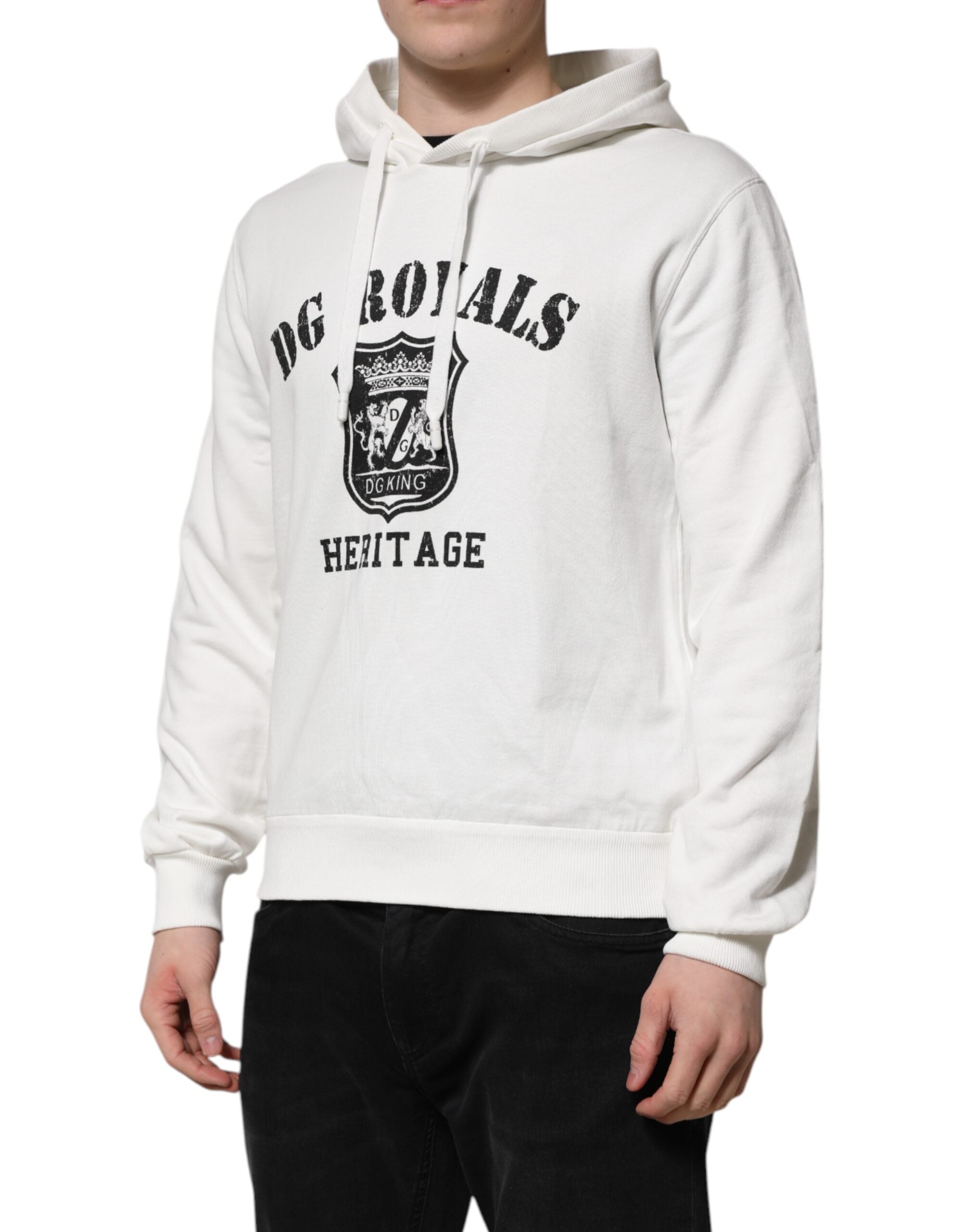 Sweat à capuche en coton blanc Dolce & Gabbana avec imprimé DG ROYAL, vêtement décontracté et élégant.