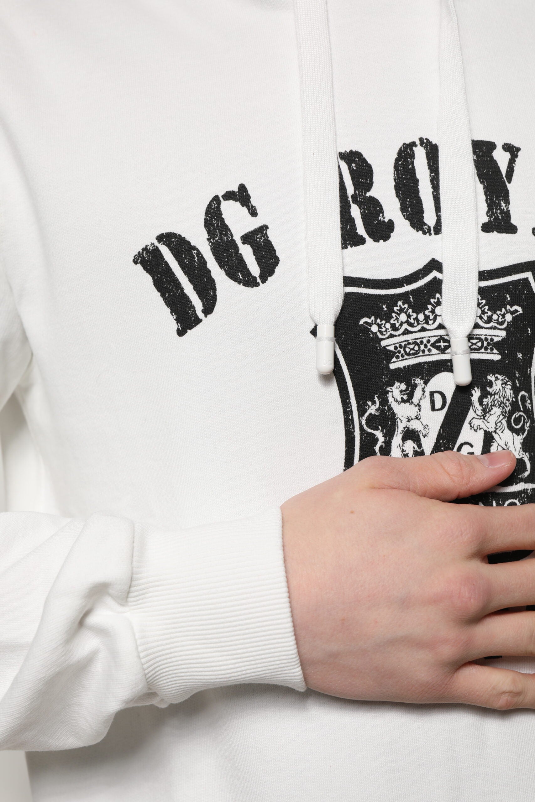 Sweat à capuche en coton blanc Dolce & Gabbana avec imprimé DG ROYAL, style décontracté et moderne.