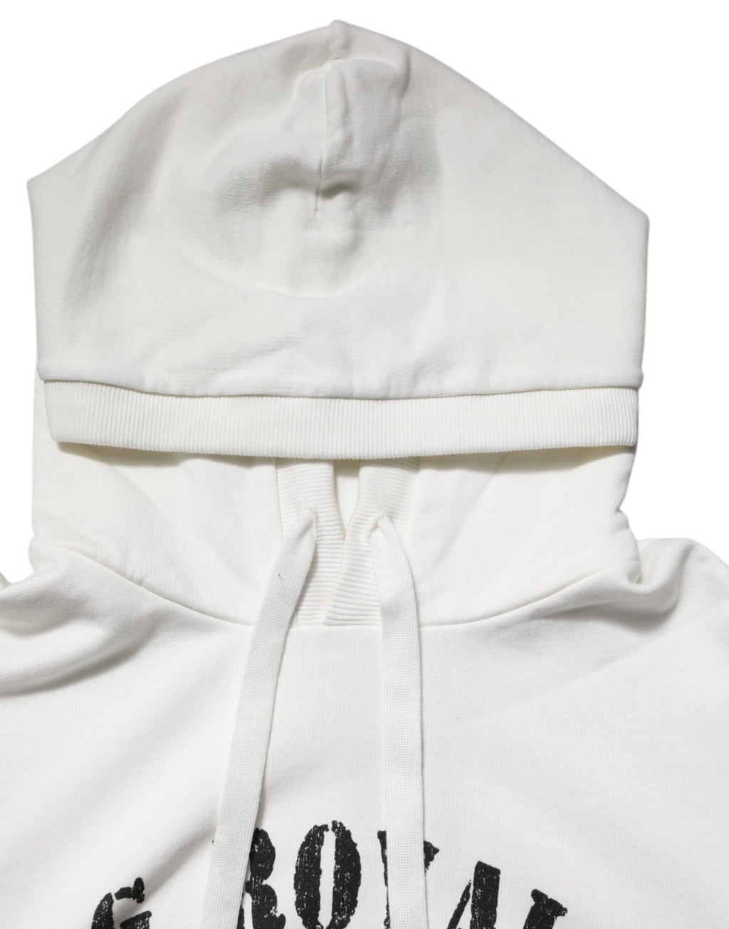Sweat à capuche en coton blanc Dolce & Gabbana avec imprimé DG ROYAL, détails visibles sur le devant.