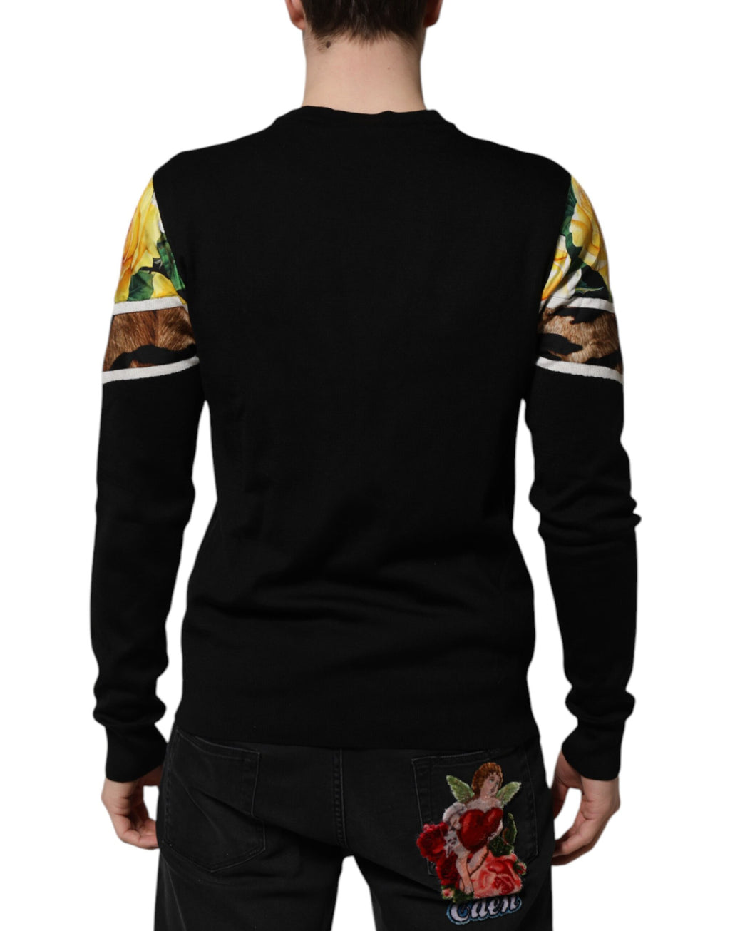 Pull à col rond en soie noire avec motifs floraux Dolce & Gabbana, pull élégant et confortable pour femme.
