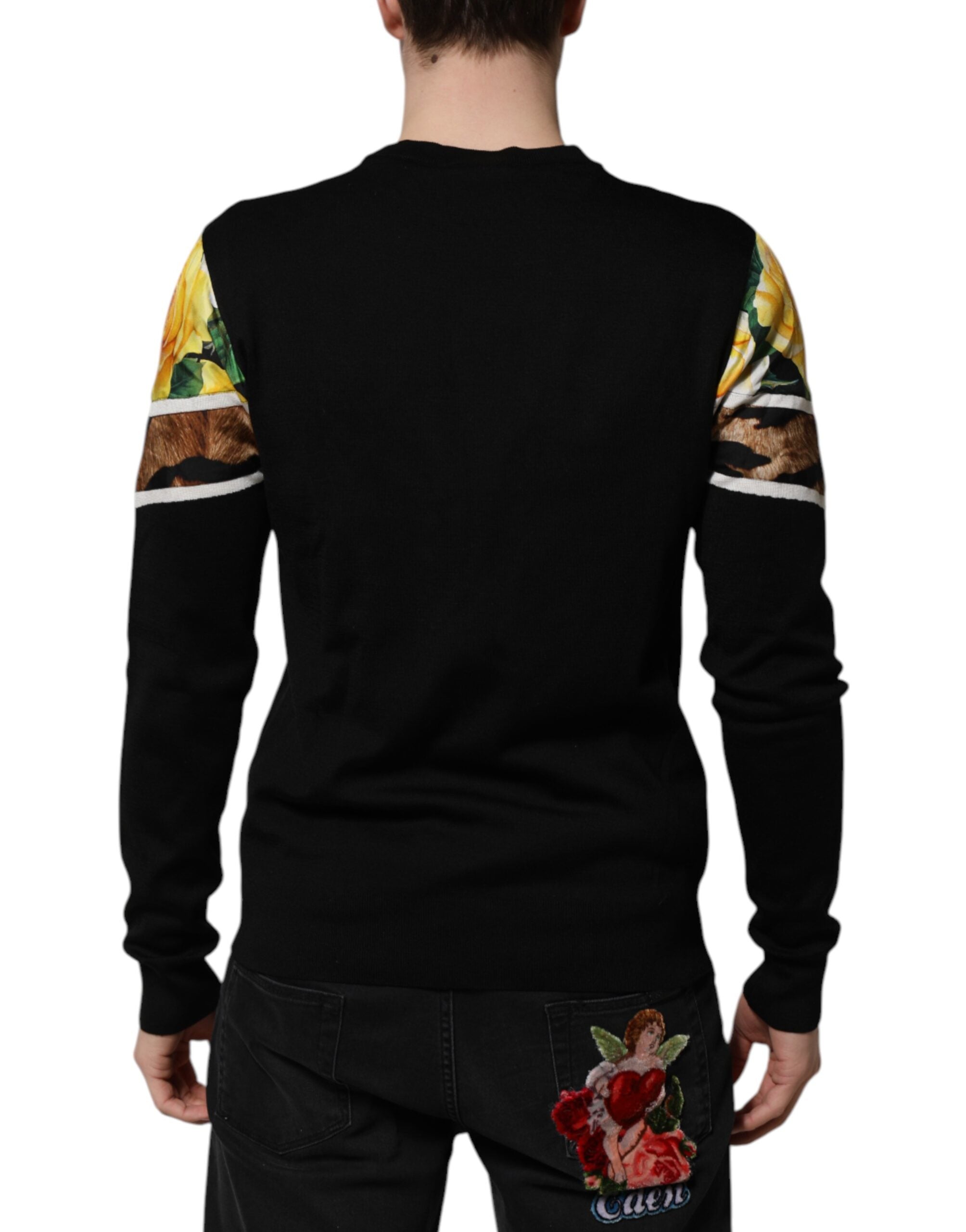Pull à col rond en soie noire avec motifs floraux Dolce & Gabbana, pull élégant et confortable pour femme.