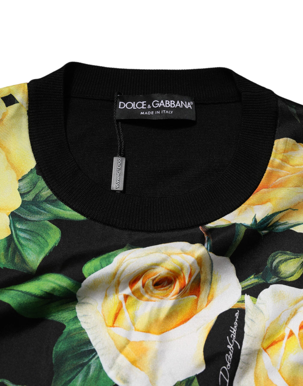 Pull en soie noire Dolce & Gabbana avec motif floral, col rond, pull-over élégant et confortable pour femmes.