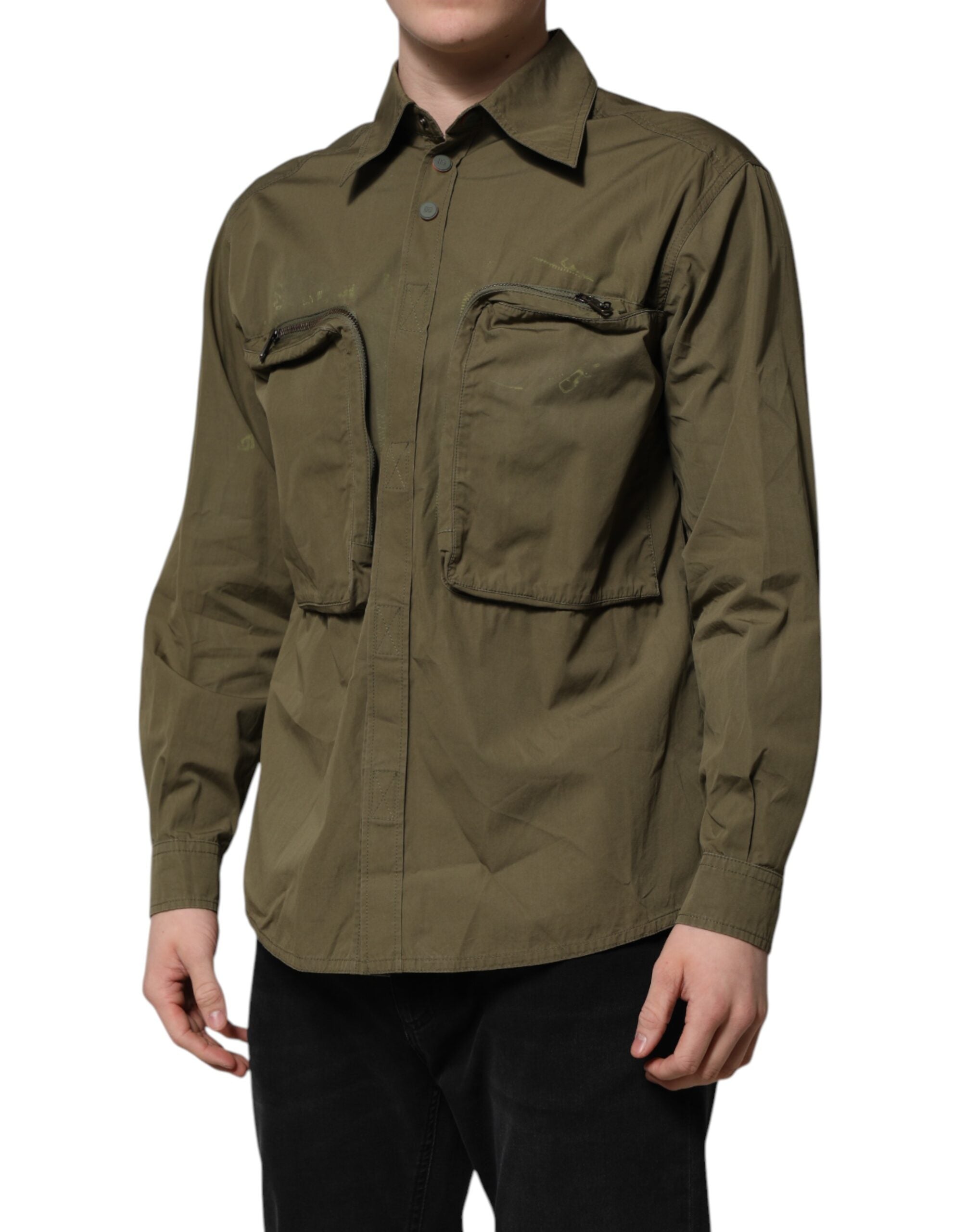 Chemise à manches longues vert armée Dolce & Gabbana avec boutons, élégante et décontractée, tissu en coton.