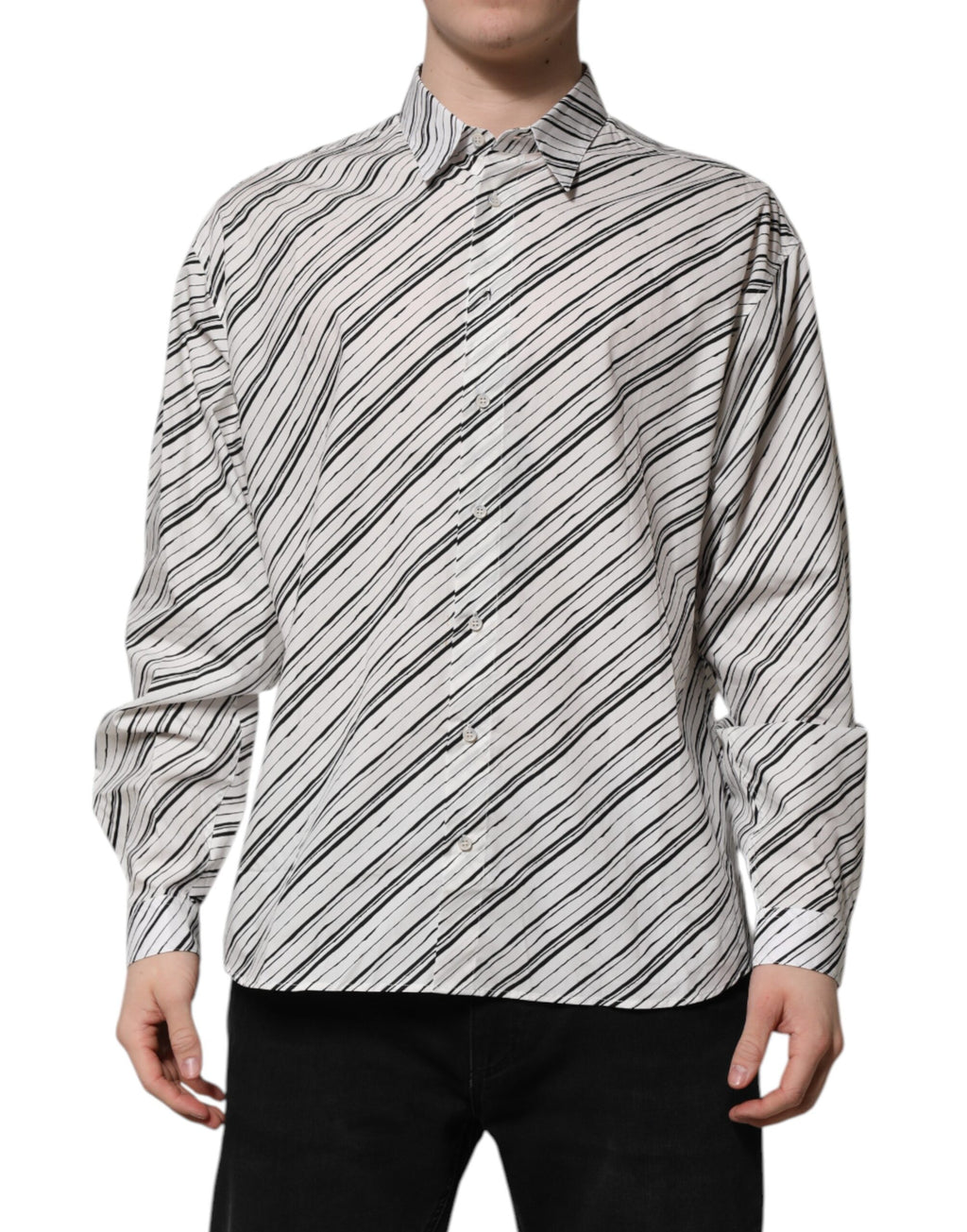 Chemise formelle blanche à rayures pour homme de Dolce & Gabbana avec manches longues et coupe élégante.