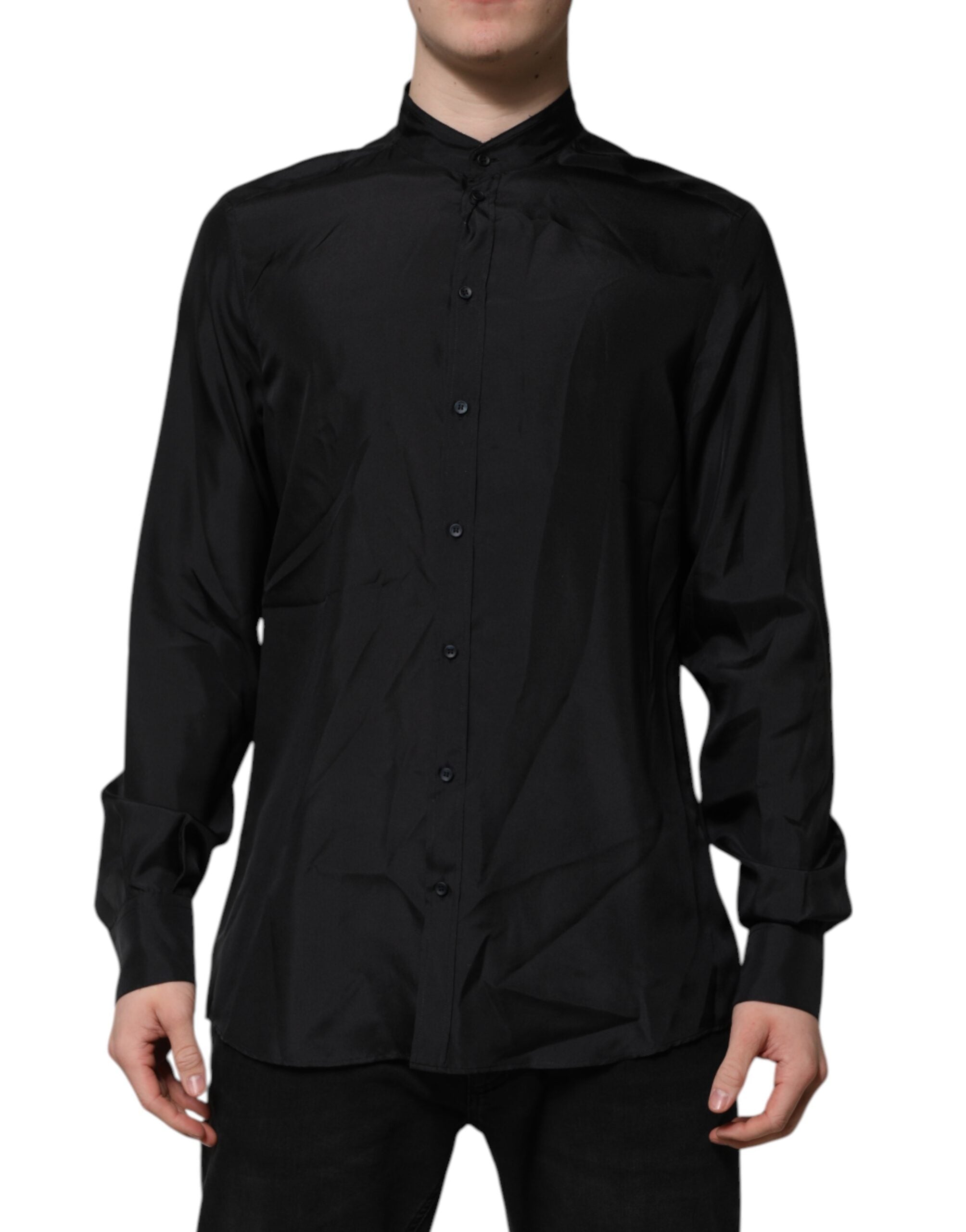 Chemise formelle homme Dolce & Gabbana en soie bleu foncé avec col classique et boutons élégants, pour occasions spéciales.
