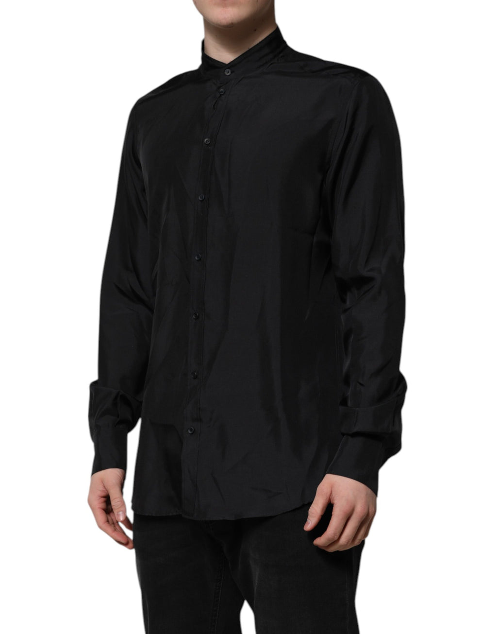 Chemise formelle en soie bleu foncé Dolce & Gabbana Martini pour homme, vue de face avec col et boutons apparents.