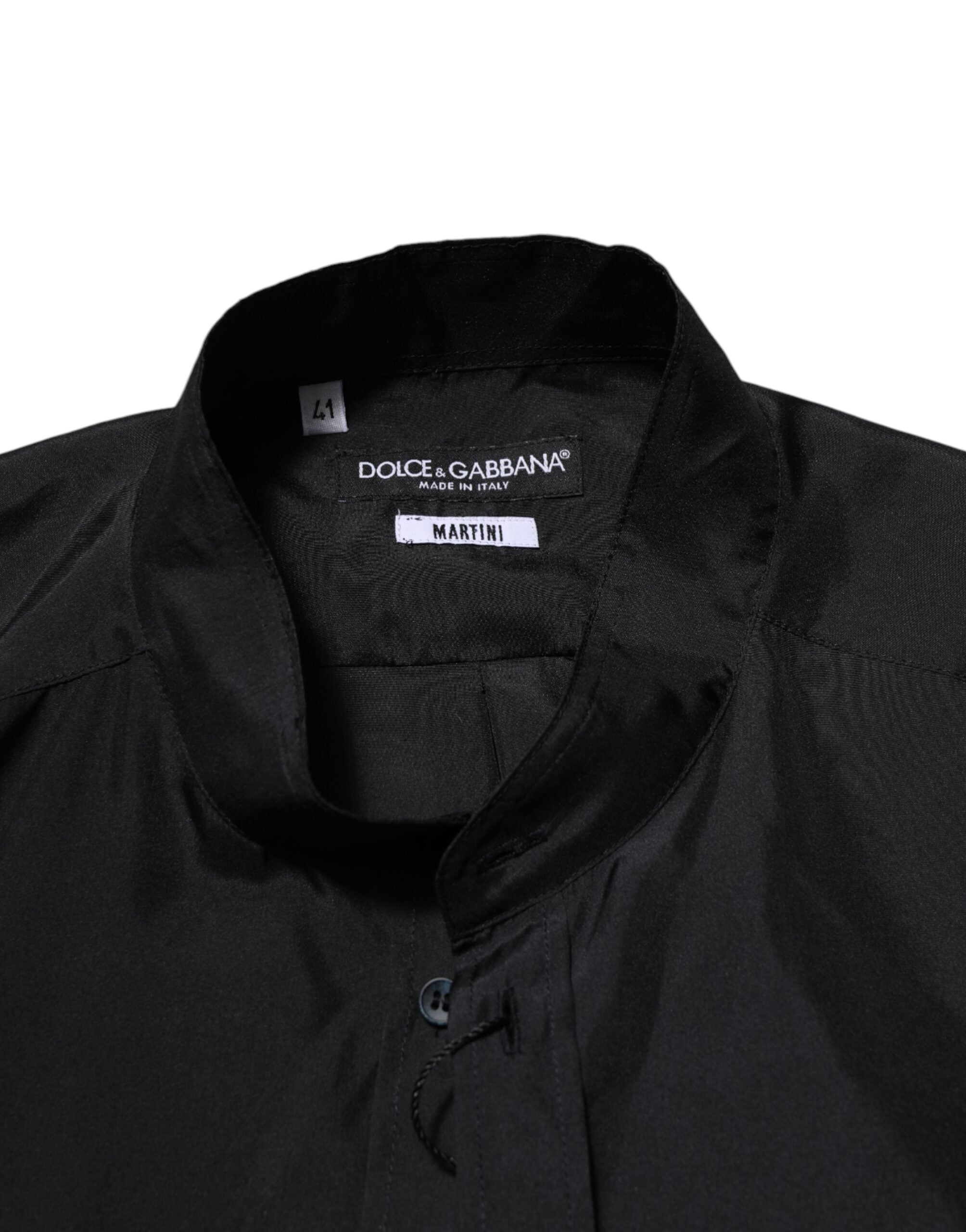 Chemise homme Dolce & Gabbana en soie bleue foncée, style formel Martini, détail élégant et tissu luxueux.