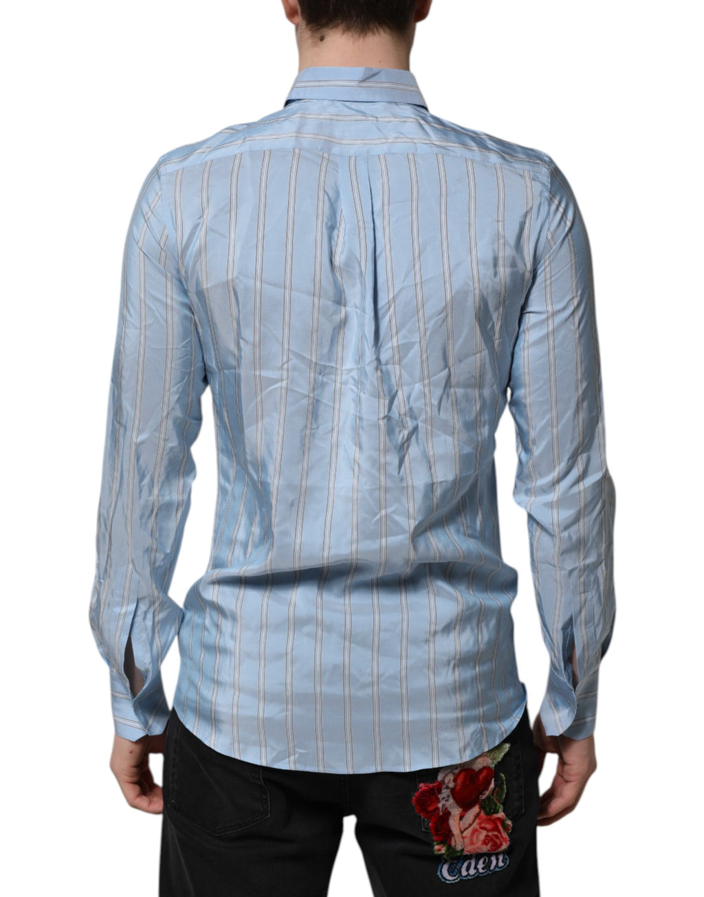 Chemise longue Dolce & Gabbana Martini à rayures bleues avec manches longues, style élégant et sophistiqué.