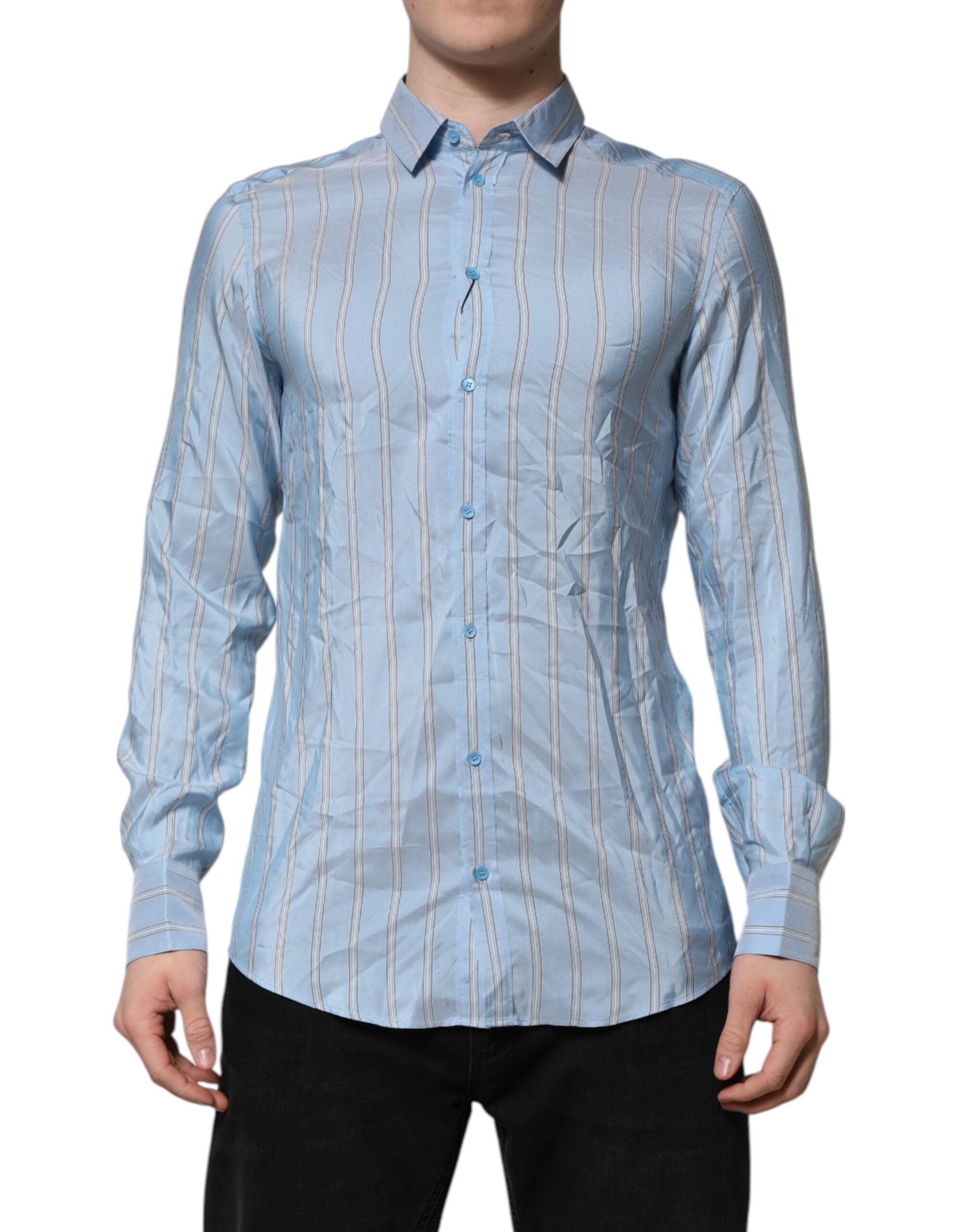 Chemise homme Dolce & Gabbana Martini à rayures bleues avec manches longues, style élégant et sophistiqué.