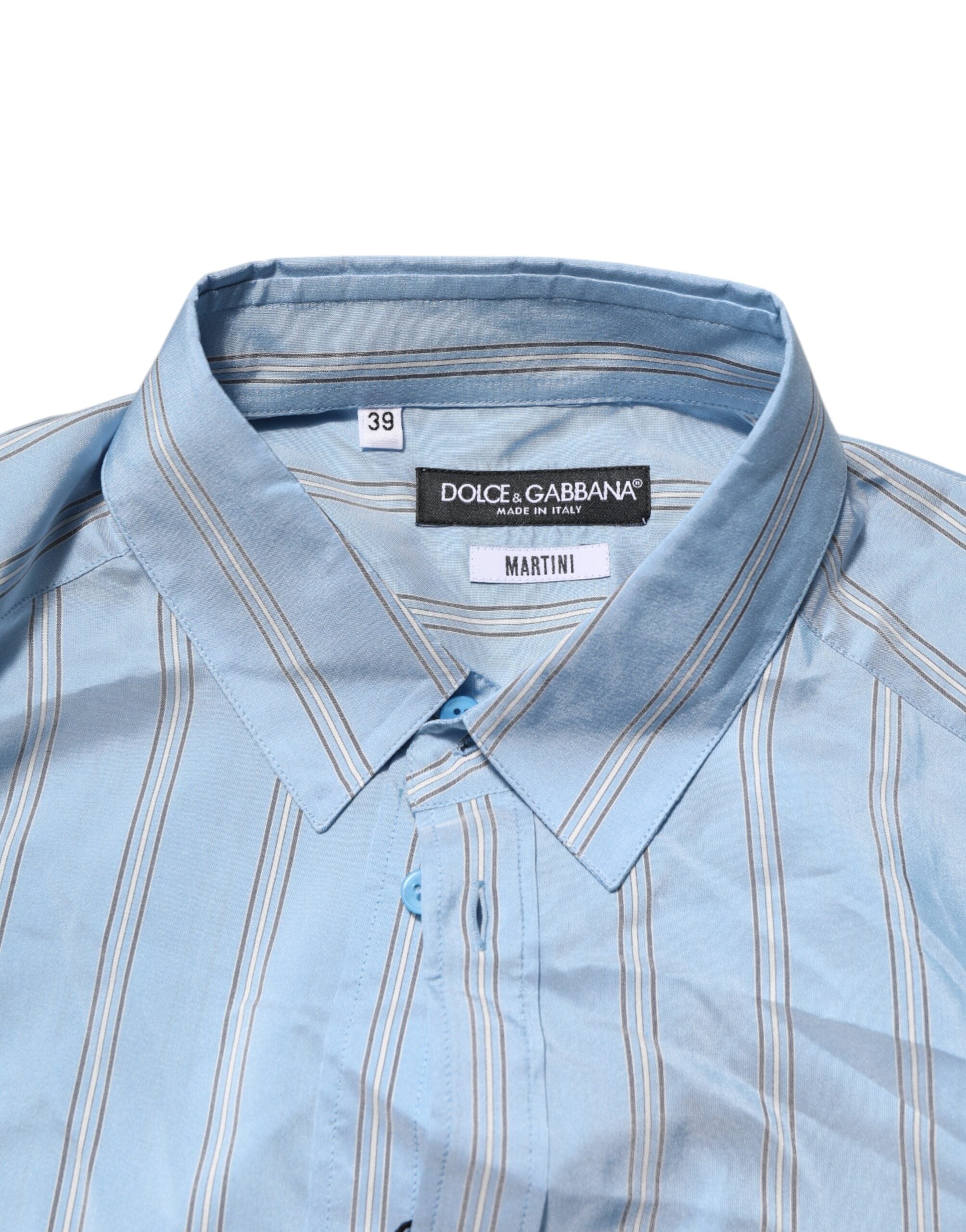 Chemise à manches longues Dolce & Gabbana Martini rayures bleues, élégante et sophistiquée, vue de face sur fond blanc.