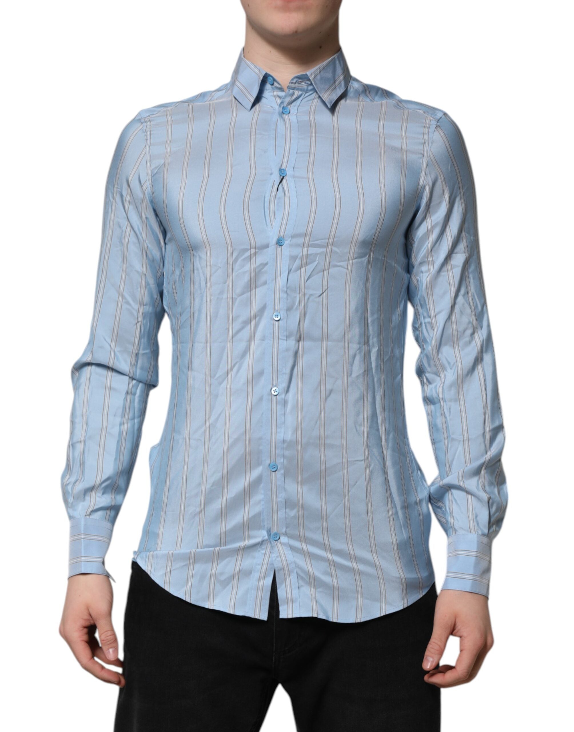 Chemise à manches longues Dolce & Gabbana Martini bleue à rayures, style élégant pour homme.