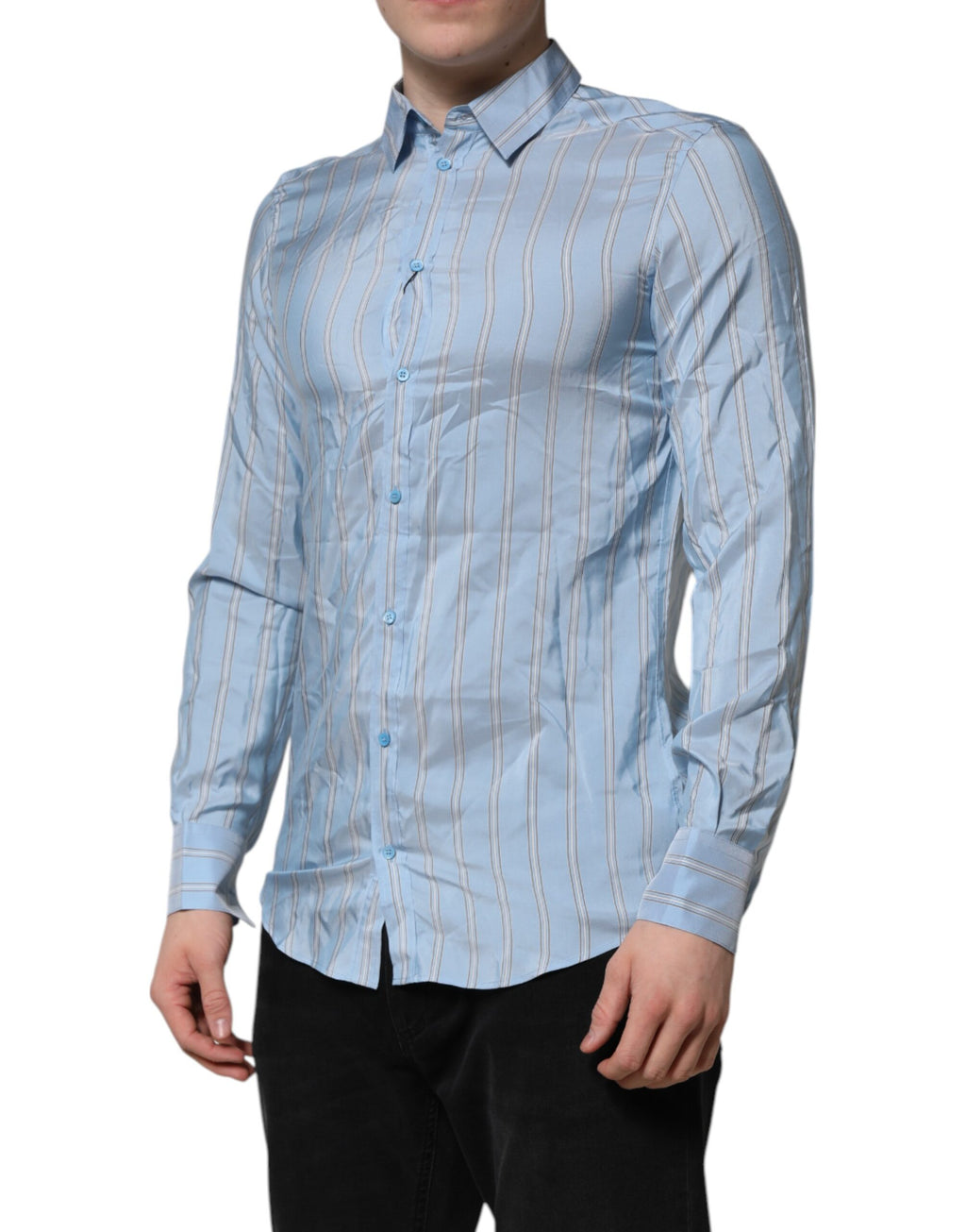 Chemise longue Dolce & Gabbana Martini à rayures bleues avec manches longues, élégante et sophistiquée pour homme.