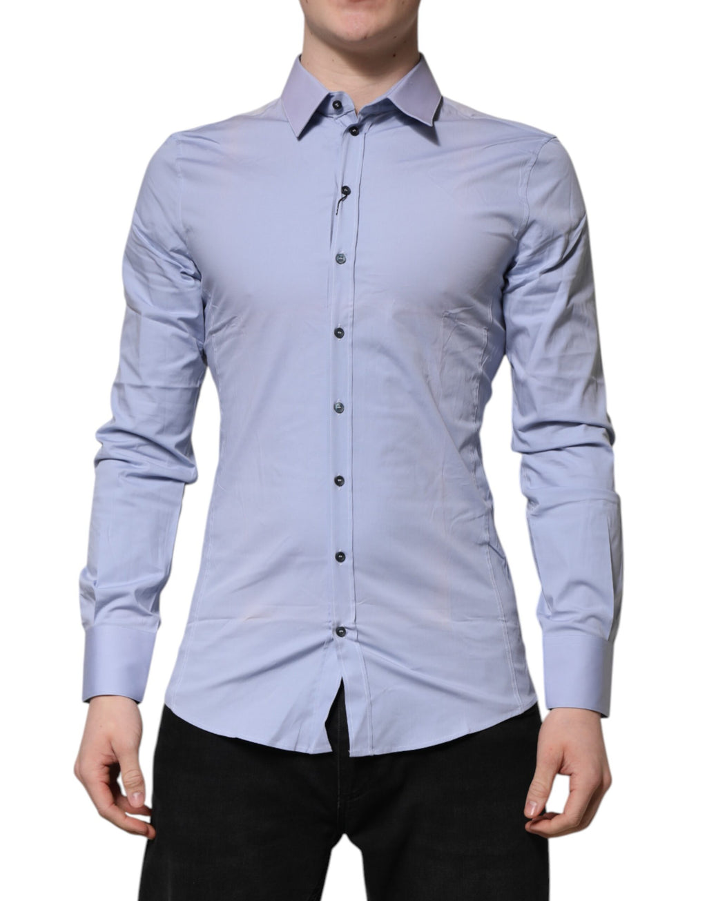 Chemise longue en coton bleu Dolce & Gabbana Sicilia avec manches longues, vue de l'avant.