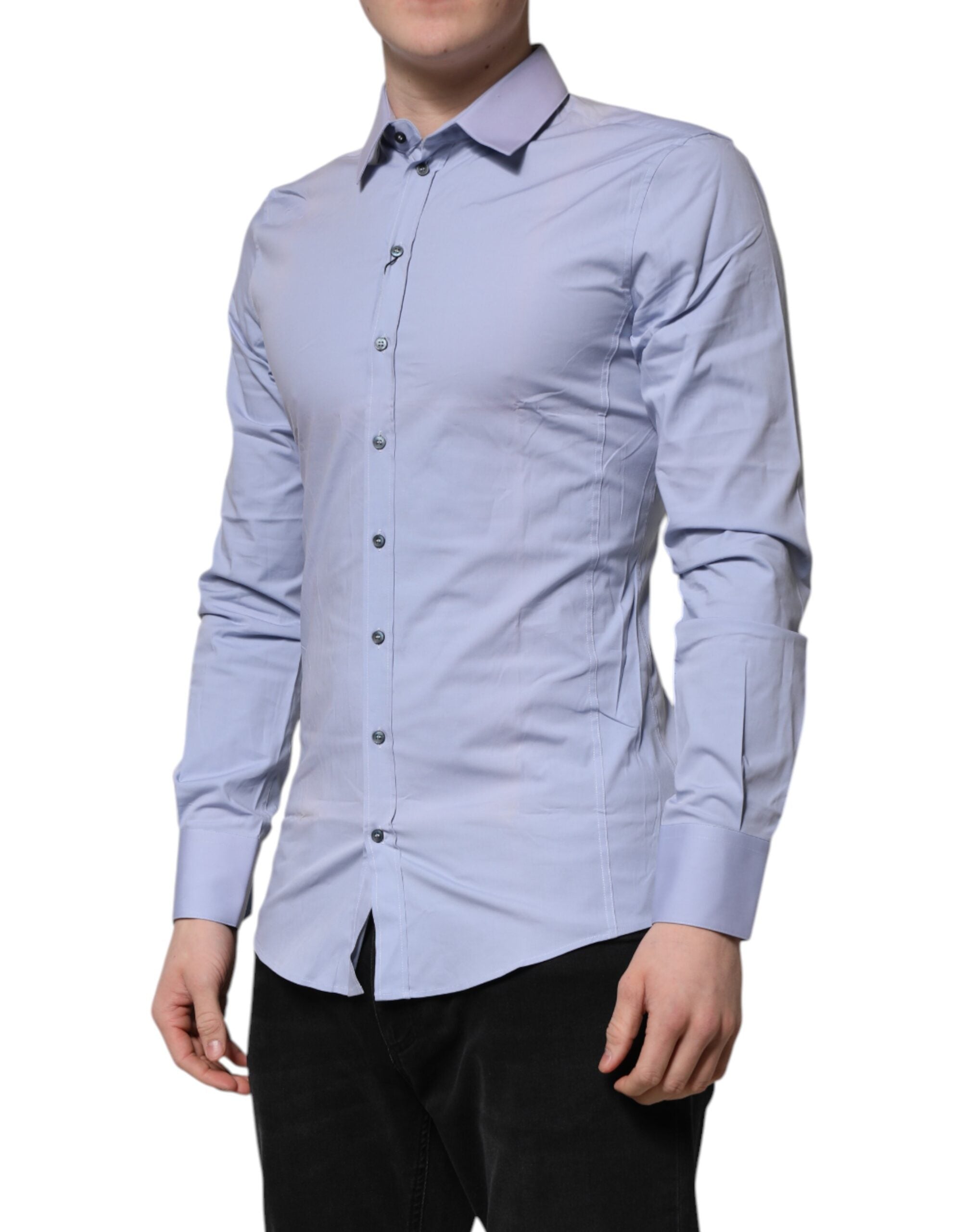 Chemise longue Dolce & Gabbana Sicilia en coton bleu avec manches longues, vue détaillée du vêtement.