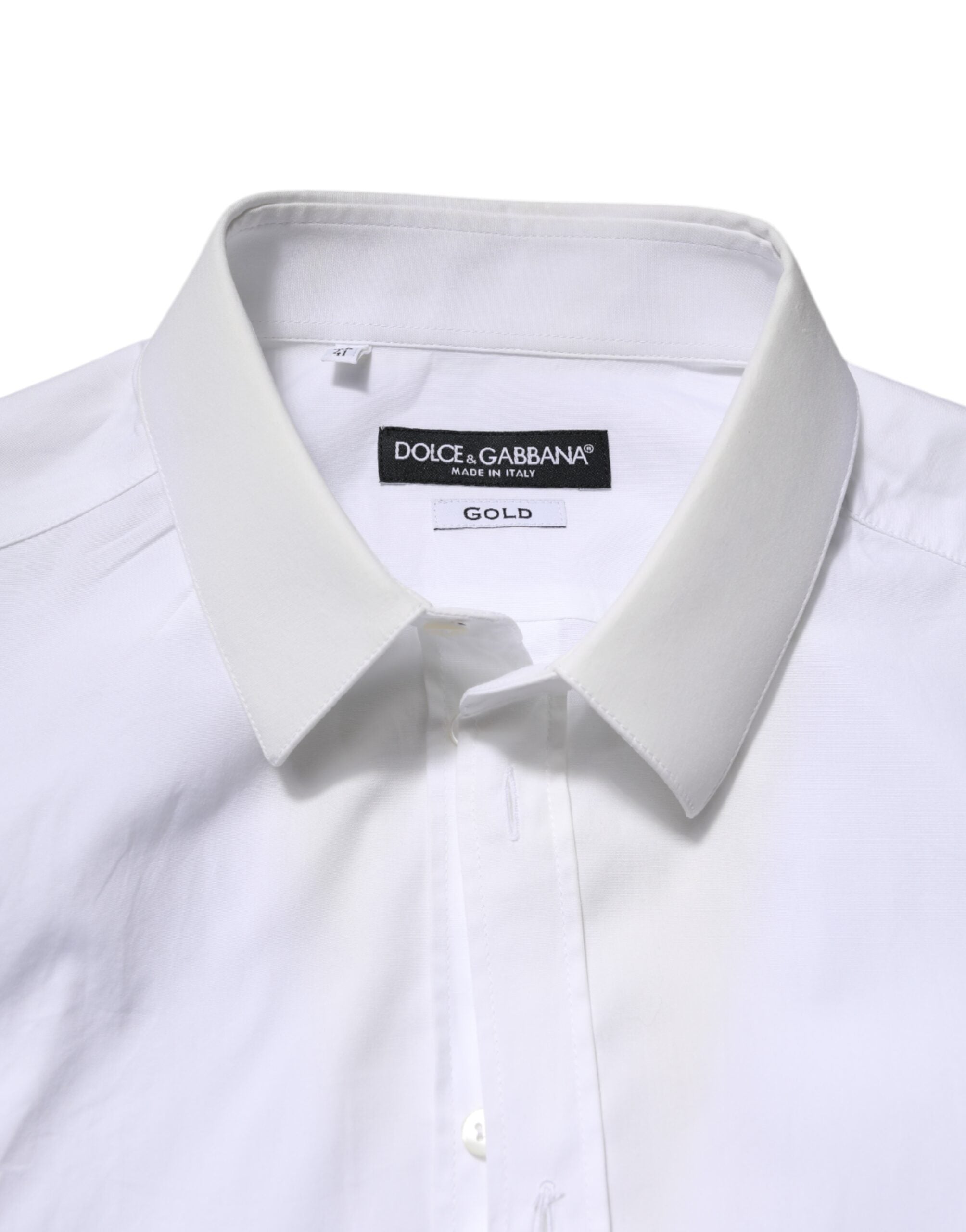 Chemise blanche en coton à manches longues Dolce & Gabbana, avec détails dorés, élégante et sophistiquée pour homme.