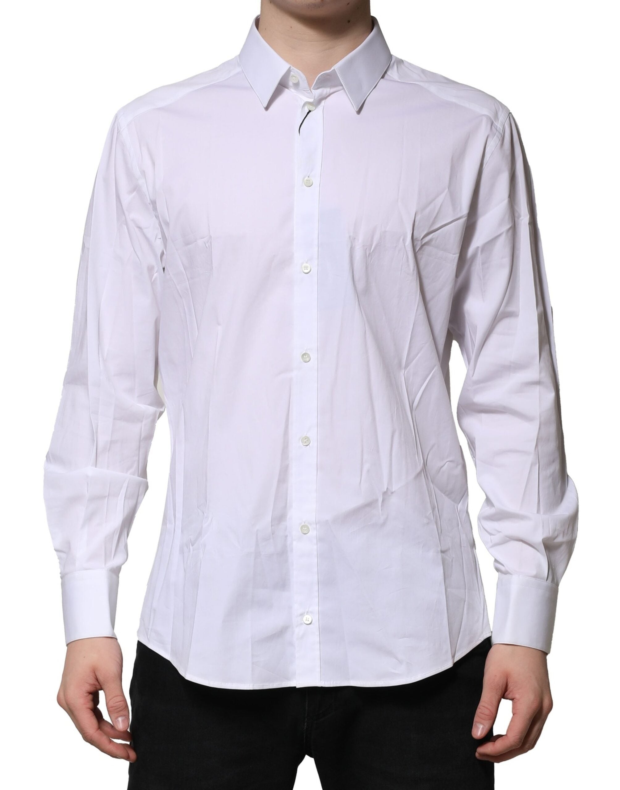 Chemise blanche en coton à manches longues Dolce & Gabbana avec détails dorés, élégante chemise pour homme.