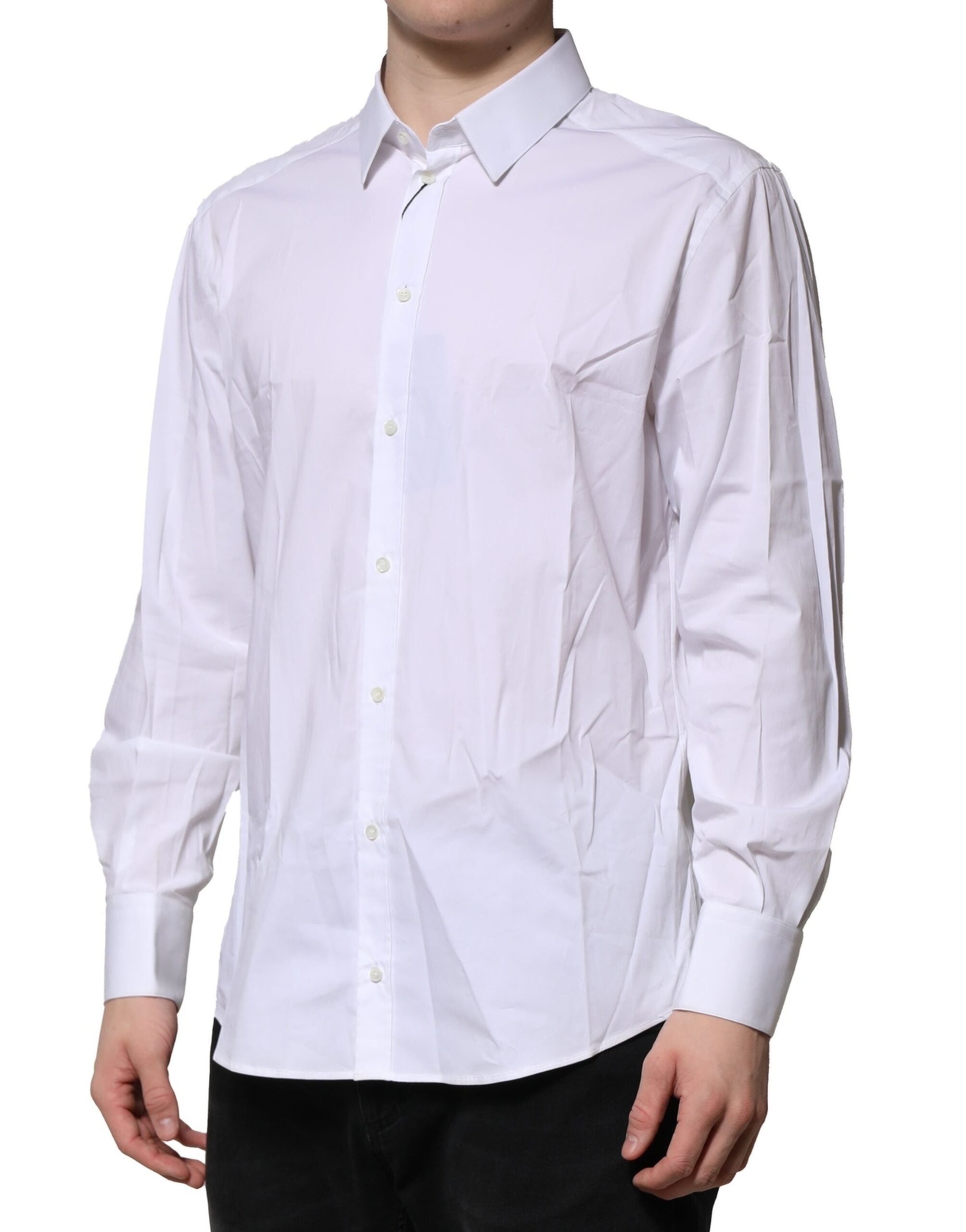 Chemise blanche en coton Dolce & Gabbana à manches longues avec détails dorés, élégante et sophistiquée.