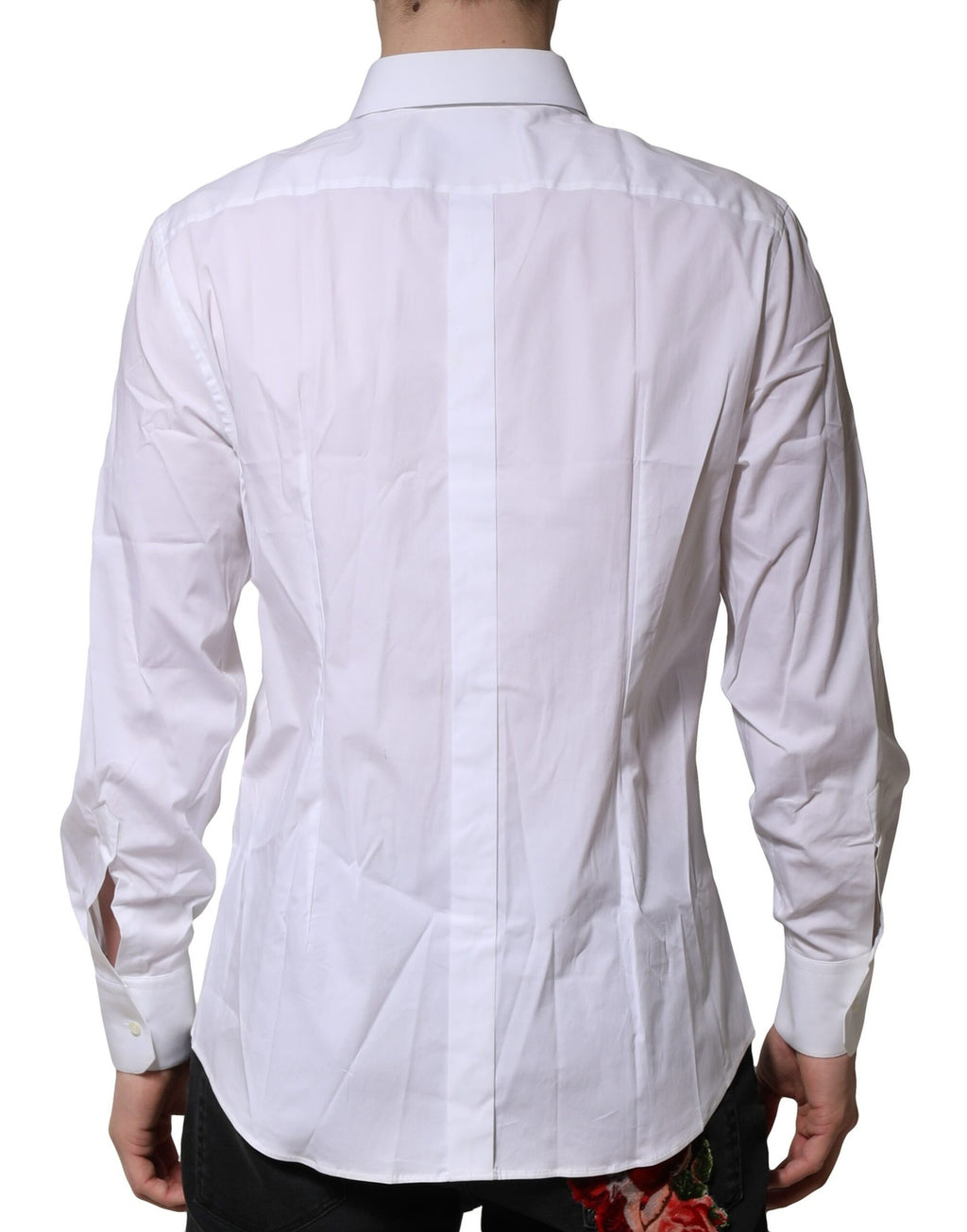 Chemise blanche en coton Dolce & Gabbana à manches longues avec détails dorés, élégante et sophistiquée.