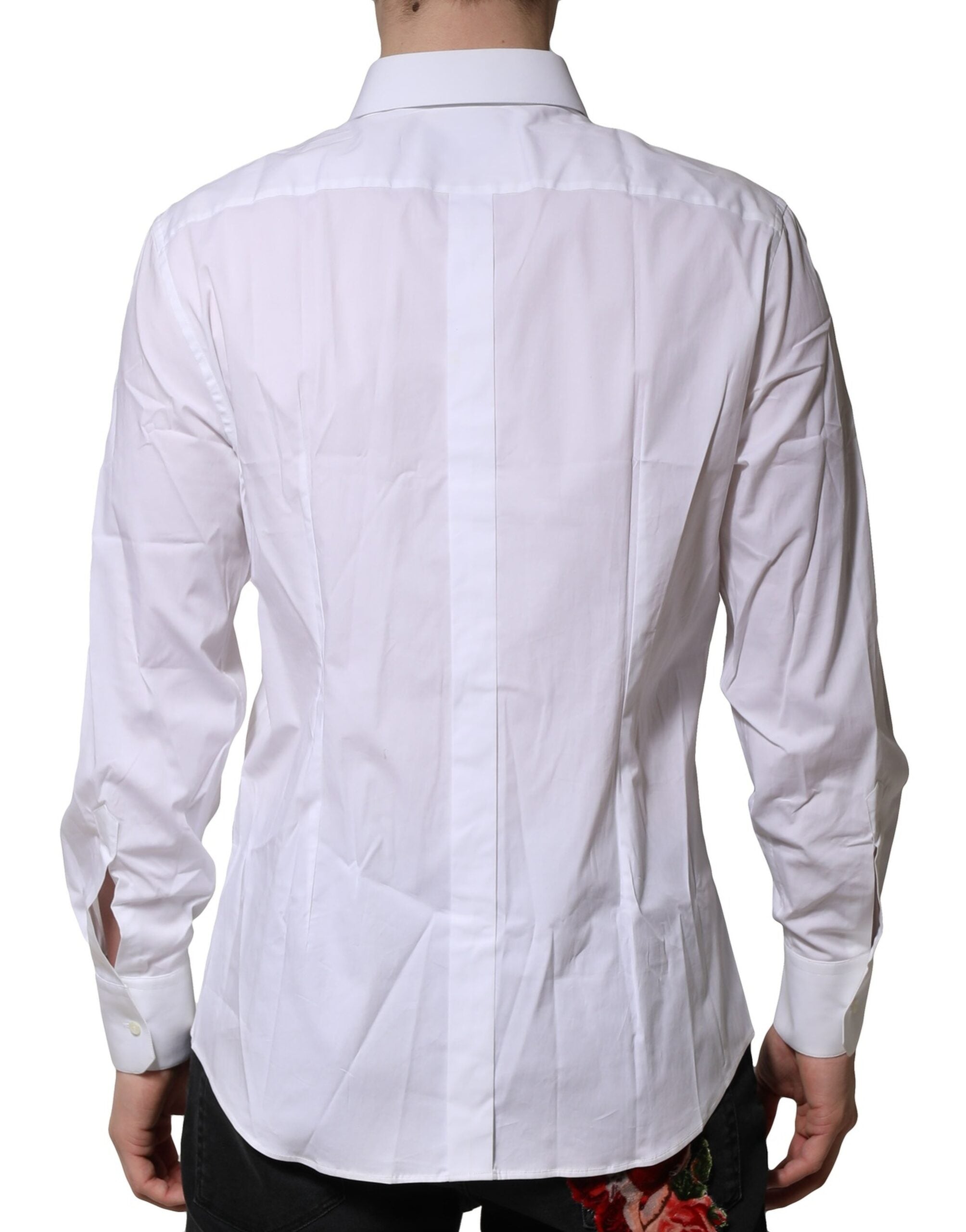 Chemise blanche en coton Dolce & Gabbana à manches longues avec détails dorés, élégante et sophistiquée.