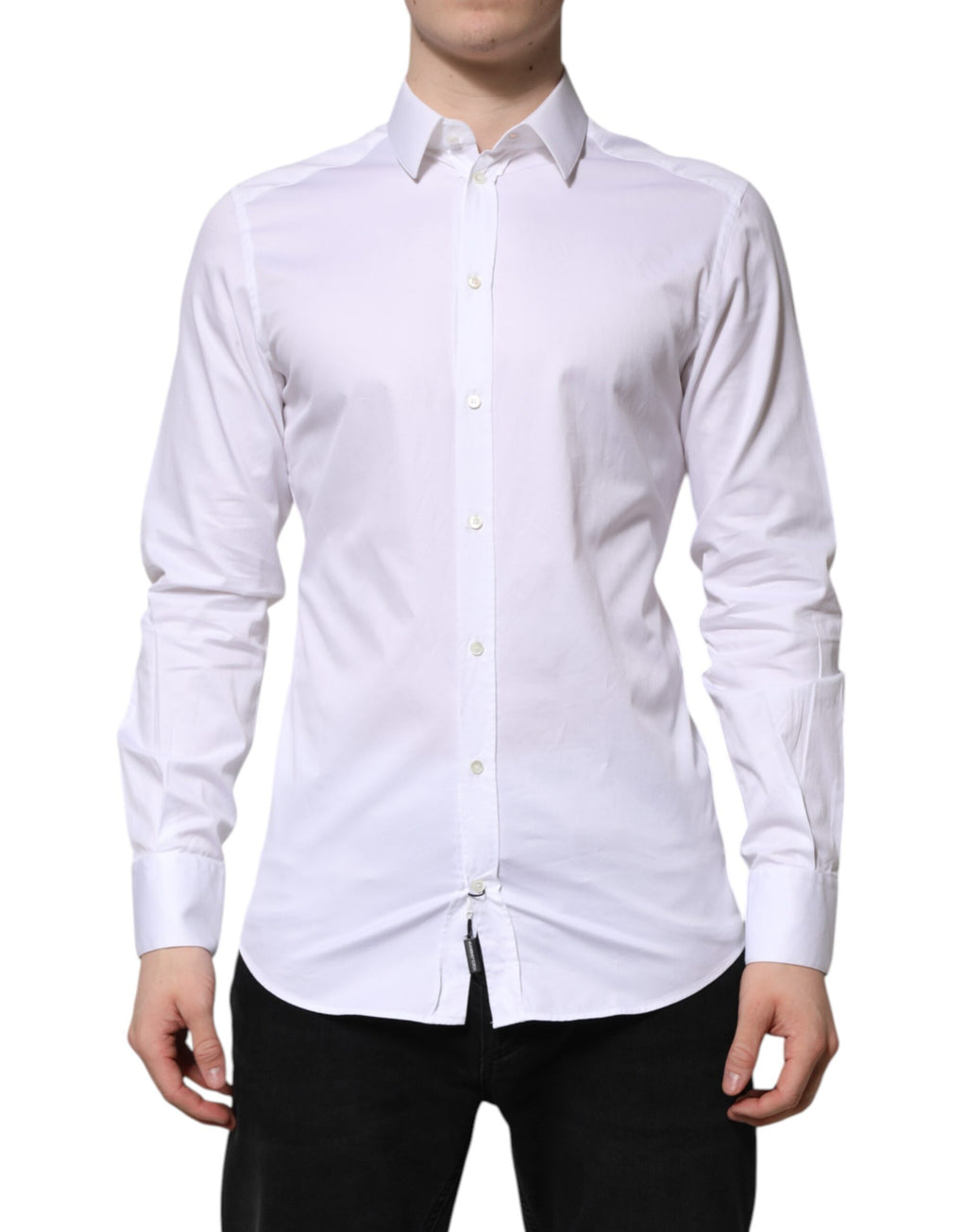 Chemise homme blanche en coton Dolce & Gabbana avec manches longues et détails dorés, élégante et sophistiquée.