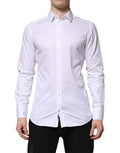Chemise homme blanche en coton Dolce & Gabbana à manches longues avec détails dorés, élégante et sophistiquée.