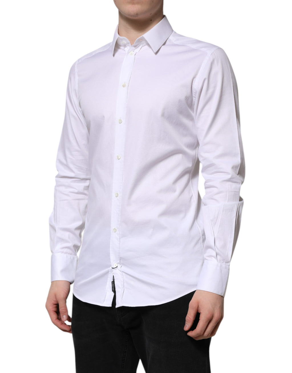 Chemise homme blanche en coton Dolce & Gabbana à manches longues avec détails dorés élégants.