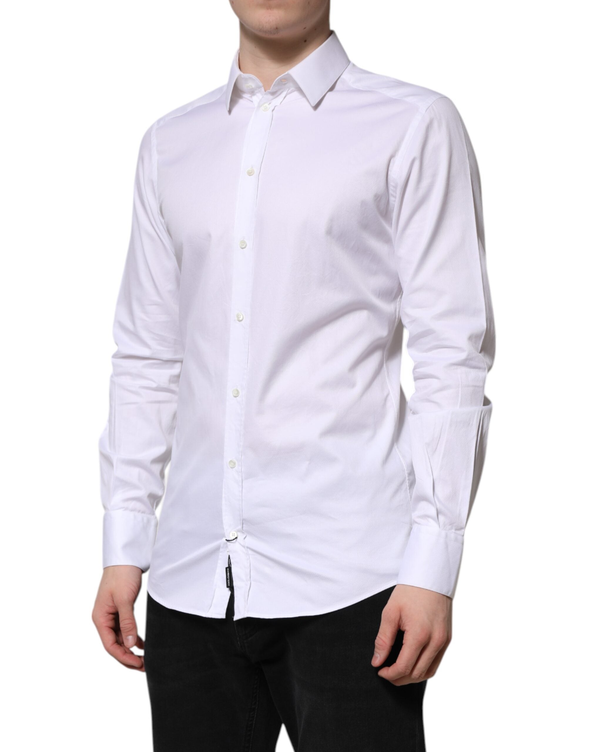 Chemise homme blanche en coton Dolce & Gabbana à manches longues avec détails dorés élégants.