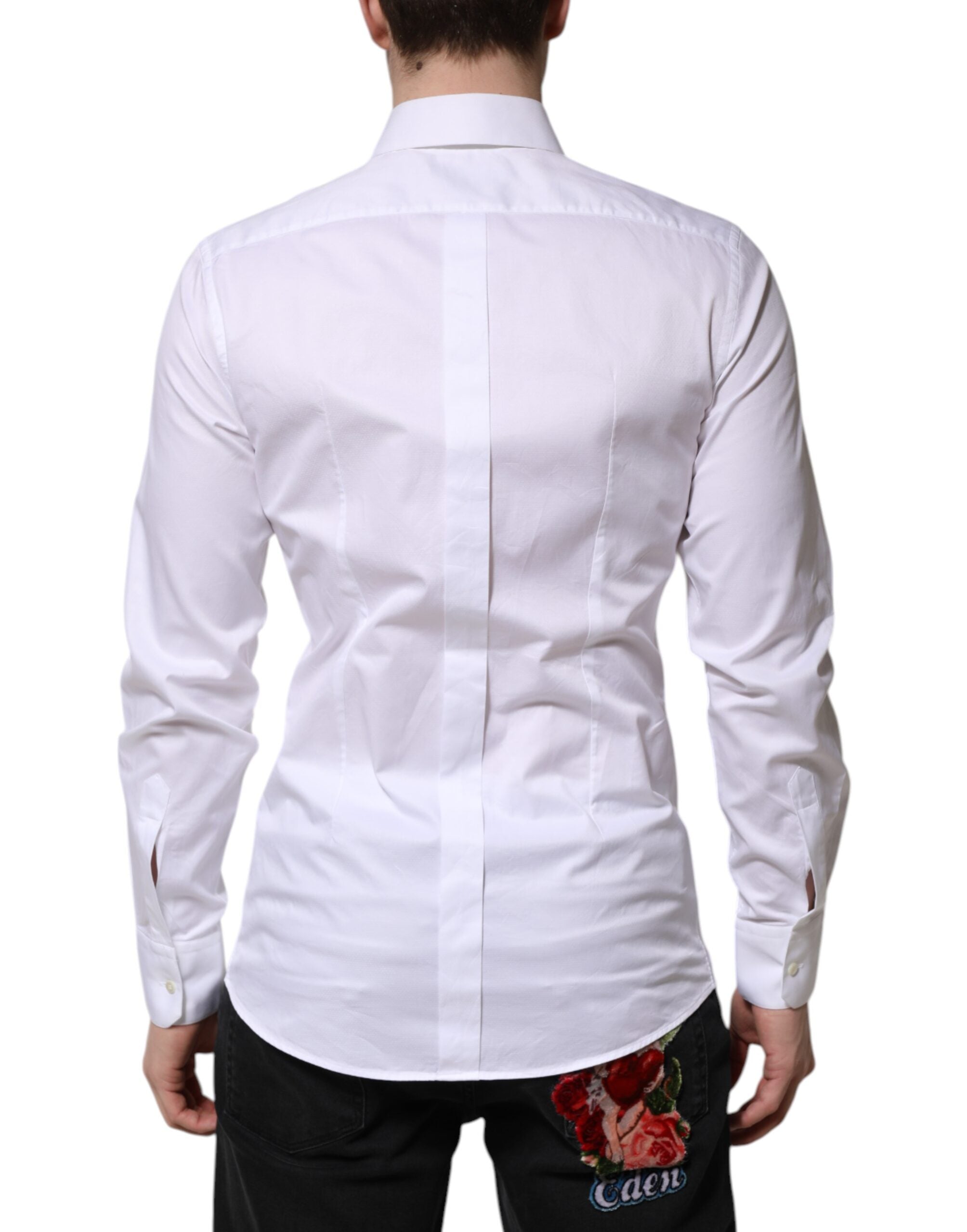 Chemise homme Dolce & Gabbana en coton blanc à manches longues avec détails dorés, élégante et sophistiquée.