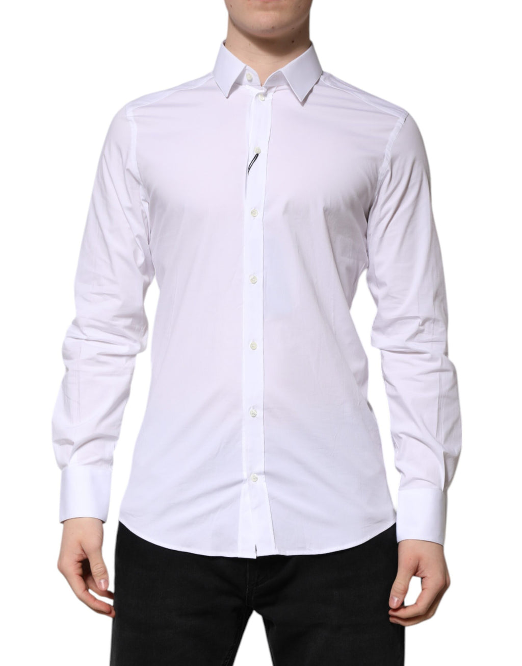 Chemise homme blanche en coton Dolce & Gabbana avec manches longues et détails dorés, élégante chemise de costume.