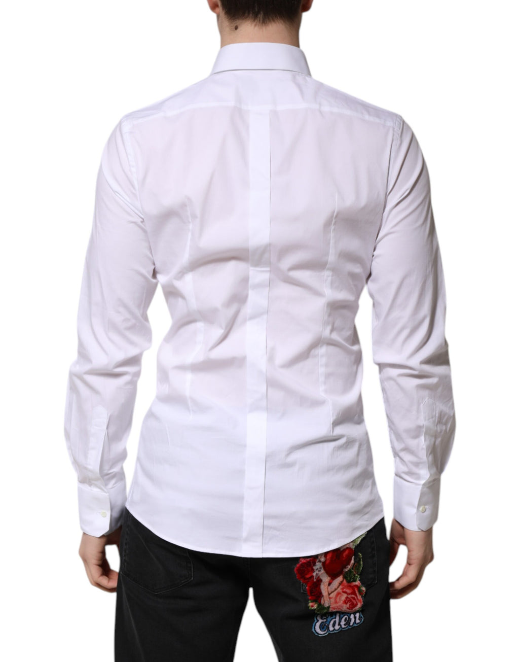 Chemise homme blanche en coton Dolce & Gabbana avec manches longues et détails dorés.